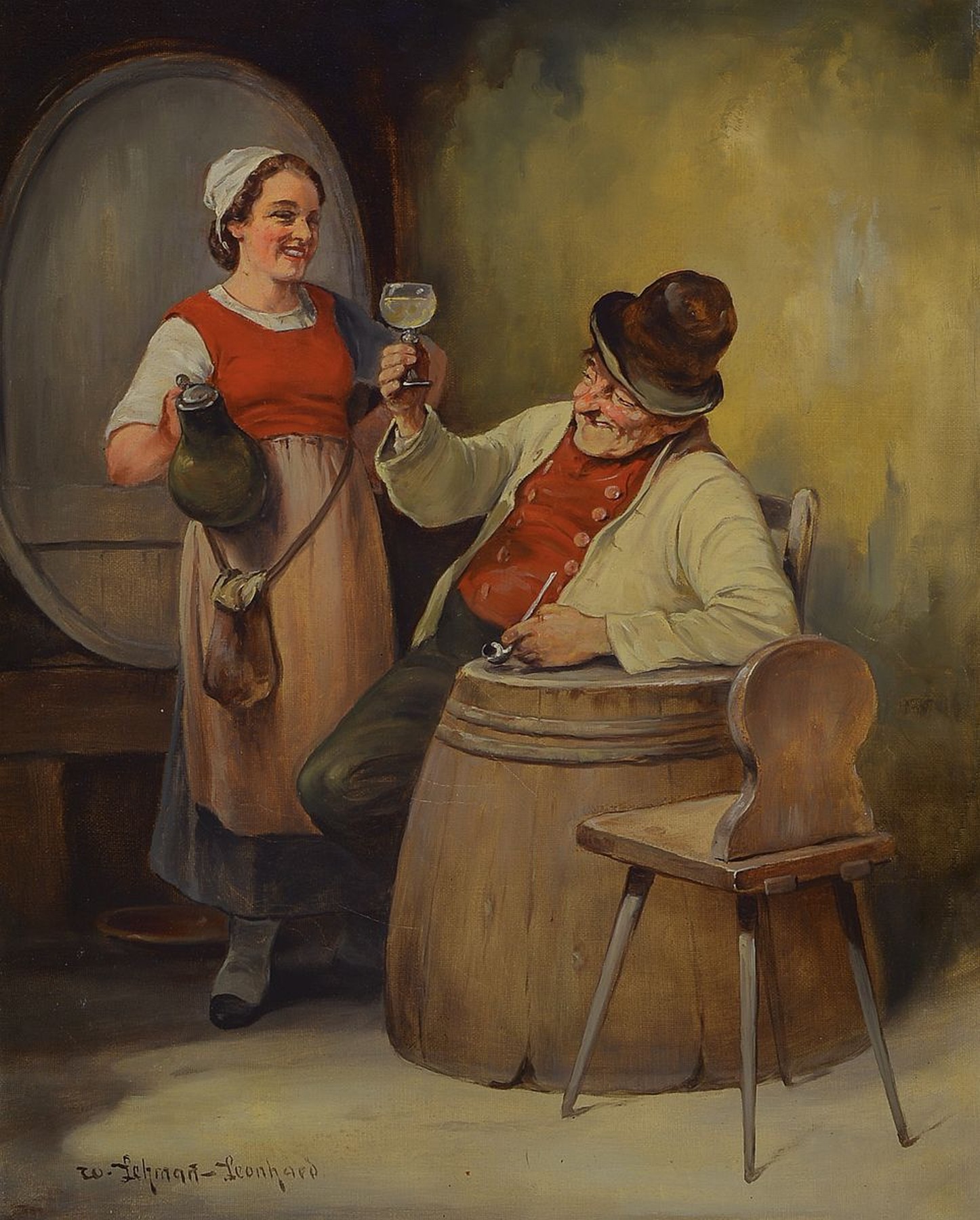 Wilhelm Lehmann-Leonhard, 1877-1954, Im Weinkeller, während der Weinprobe, links unten signiert, Öl/Lwd, R., ca. 50x40/75x63 cm