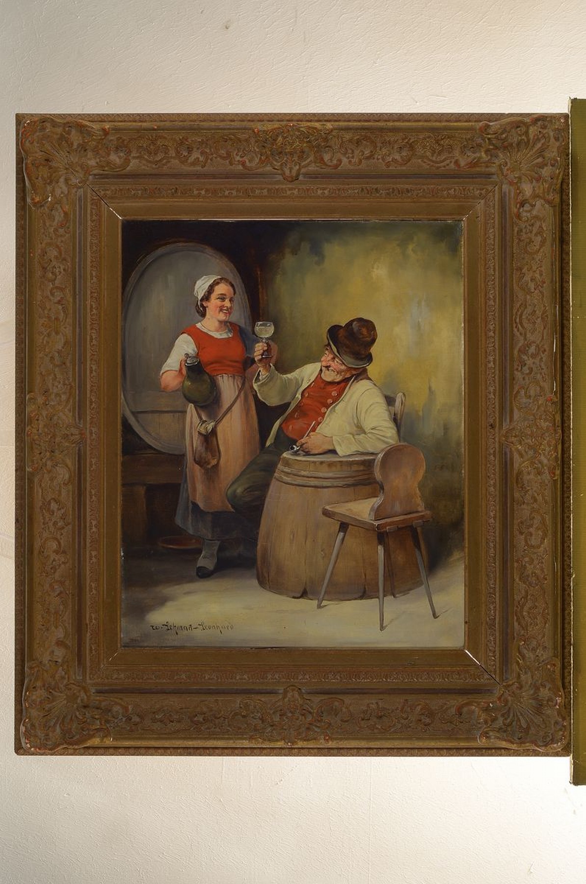 Detail k: Wilhelm Lehmann-Leonhard, 1877-1954, Im Weinkeller, während der Weinprobe, links unten signiert, Öl/Lwd, R., ca. 50x40/75x63 cm