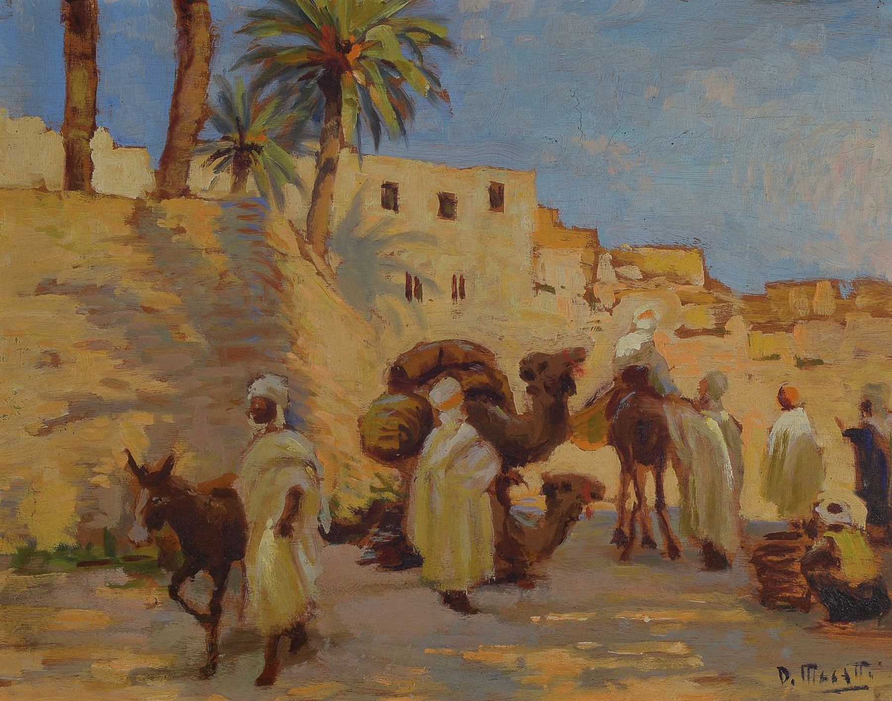 Dario Mecatti, 1909-1976, belebte arabische Straßenszene, rechts unten signiert, Öl/Holzplatte, R., Alterssp., ca. 40x50/49x60 cm