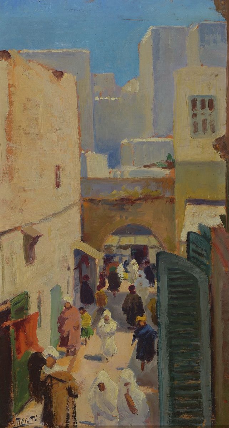Dario Mecatti, 1909-1976, Straßenszene in Teheran, verso bez., links unten signiert, Öl/Holzplatte, R., Alterssp., ca. 57x32/67x41 cm