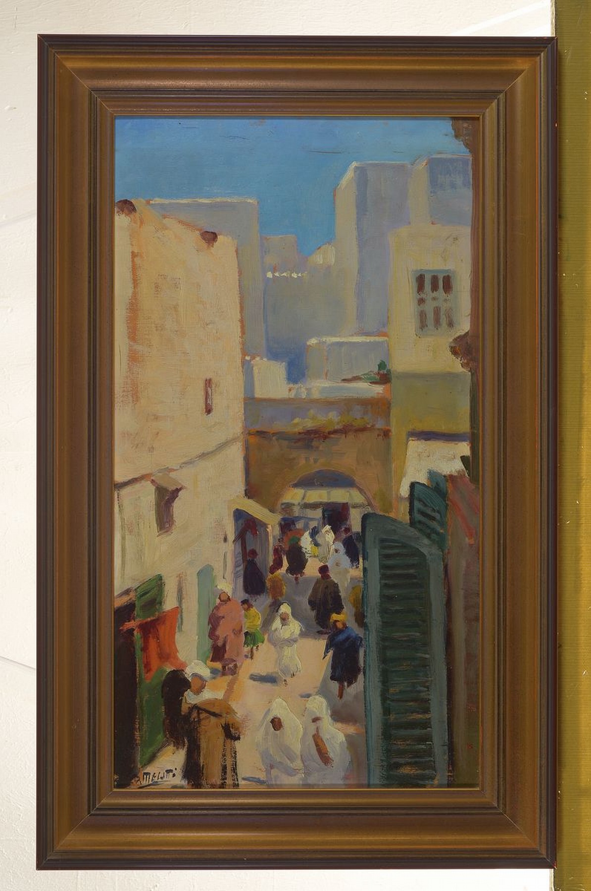 Detail k: Dario Mecatti, 1909-1976, Straßenszene in Teheran, verso bez., links unten signiert, Öl/Holzplatte, R., Alterssp., ca. 57x32/67x41 cm
