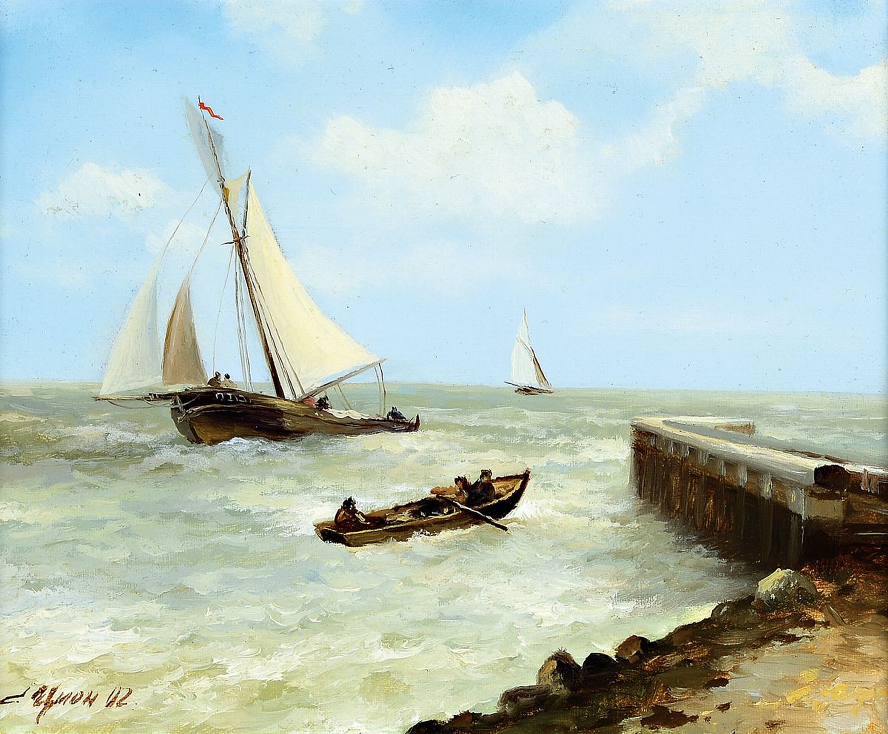 Serguei Tzyon, geb. 1962, rekurriert in seiner Malerei auf Sujets der klassischen Kunst, hier: maritime Szene, Schoner u. Ruderboot vor der Küste, ...
