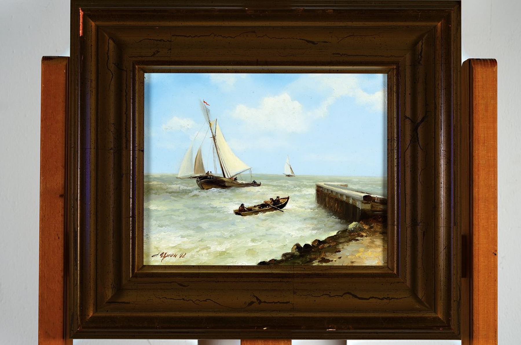 Detail k: Serguei Tzyon, geb. 1962, rekurriert in seiner Malerei auf Sujets der klassischen Kunst, hier: maritime Szene, Schoner u. Ruderboot vor der Küste, ...