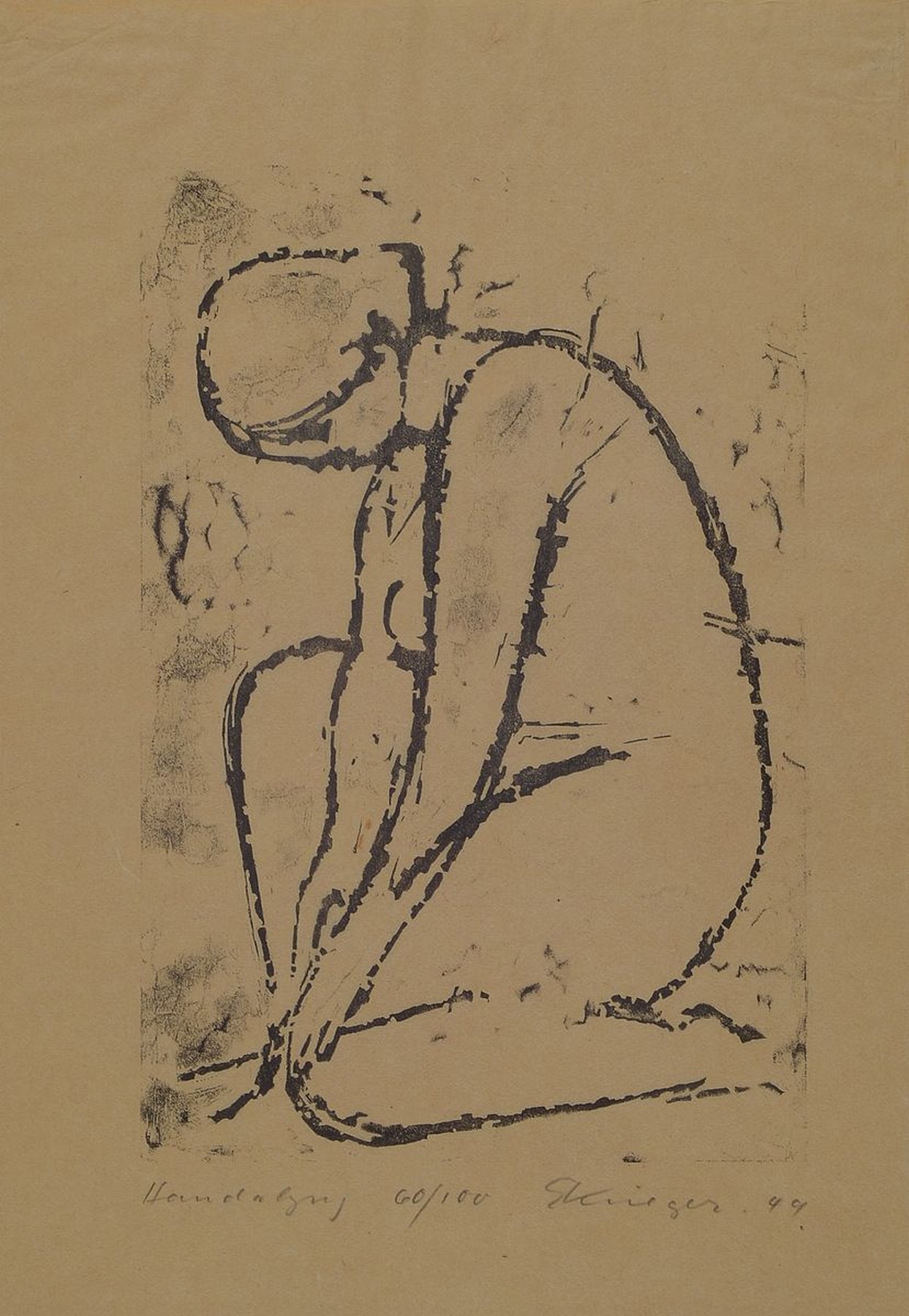 Emil Krieger, 1902-1979, kniender Akt, Lithographie, signiert und dat. 49, bez.: Handabzug, num. 60/100, leicht gebräunt, ca. 24x16cm, u.Gl., R. ca. ...