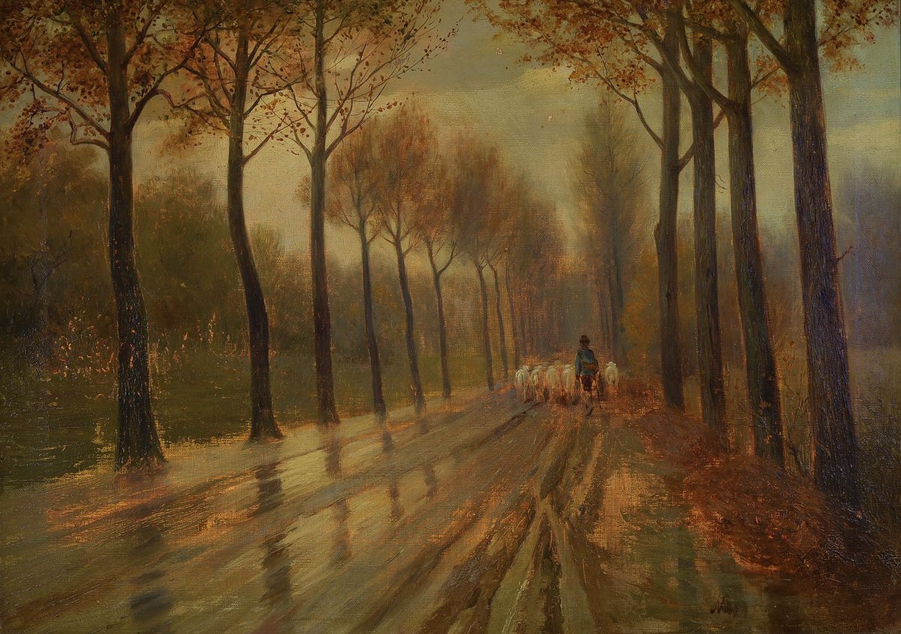 Unbekannter, wohl englischer Maler, um 1880-90, Schäfer mit seiner Herde in einer Allee, Herbststimmung, Öl/Lwd, rest., rechts unten unleserlich ...