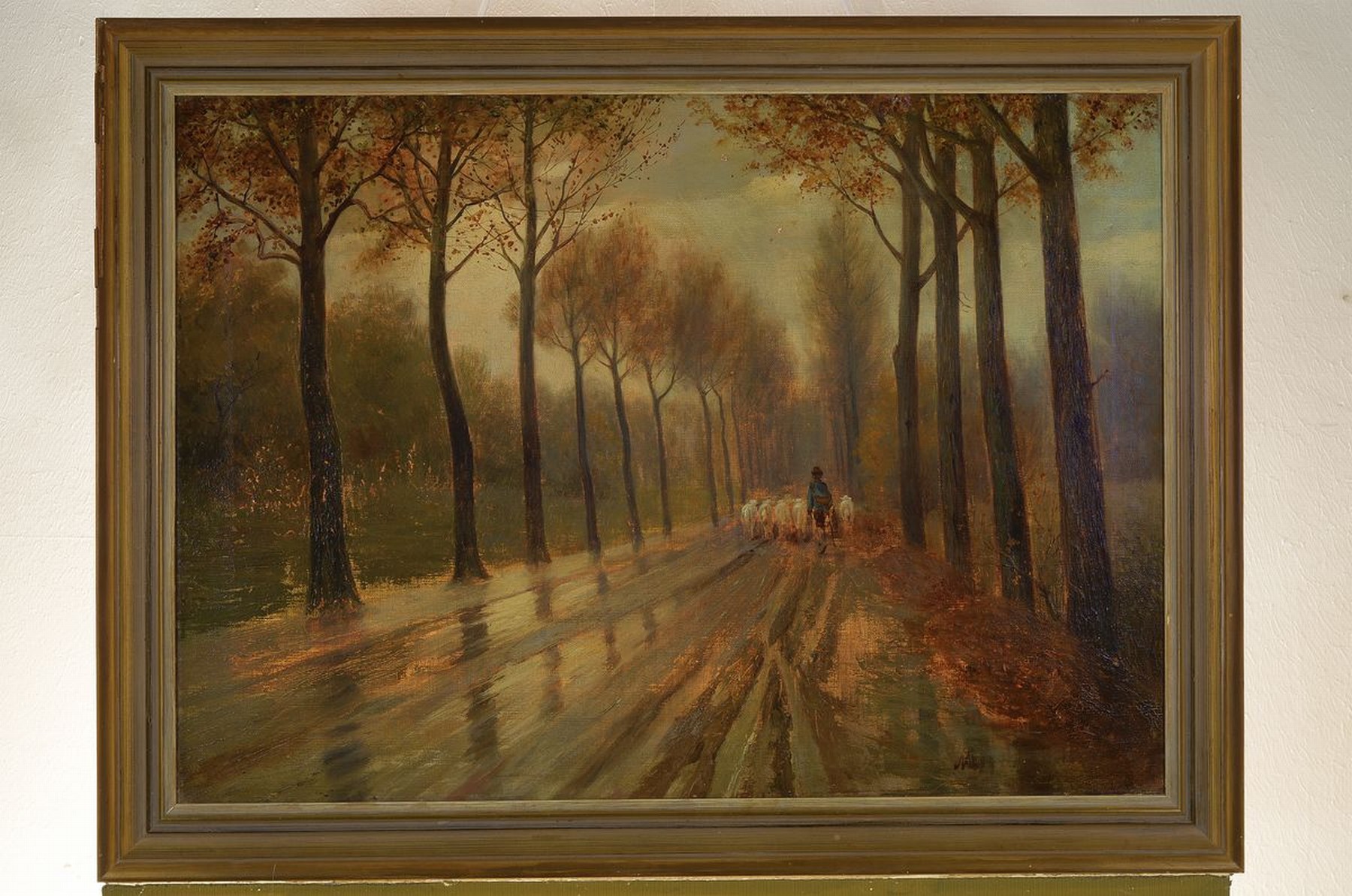 Detail k: Unbekannter, wohl englischer Maler, um 1880-90, Schäfer mit seiner Herde in einer Allee, Herbststimmung, Öl/Lwd, rest., rechts unten unleserlich ...