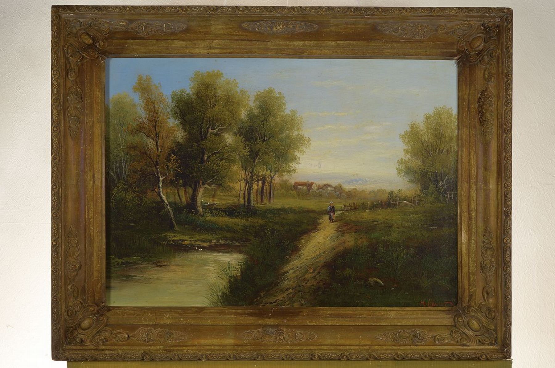 Detail k: Hildegard Lehnert, 1857-1943 Berlin, Landschafts- und Stilllebenmalerin, Schülerin von Gussow und Yon in Paris, hier: Landschaft mit Bäumen, Teich ...