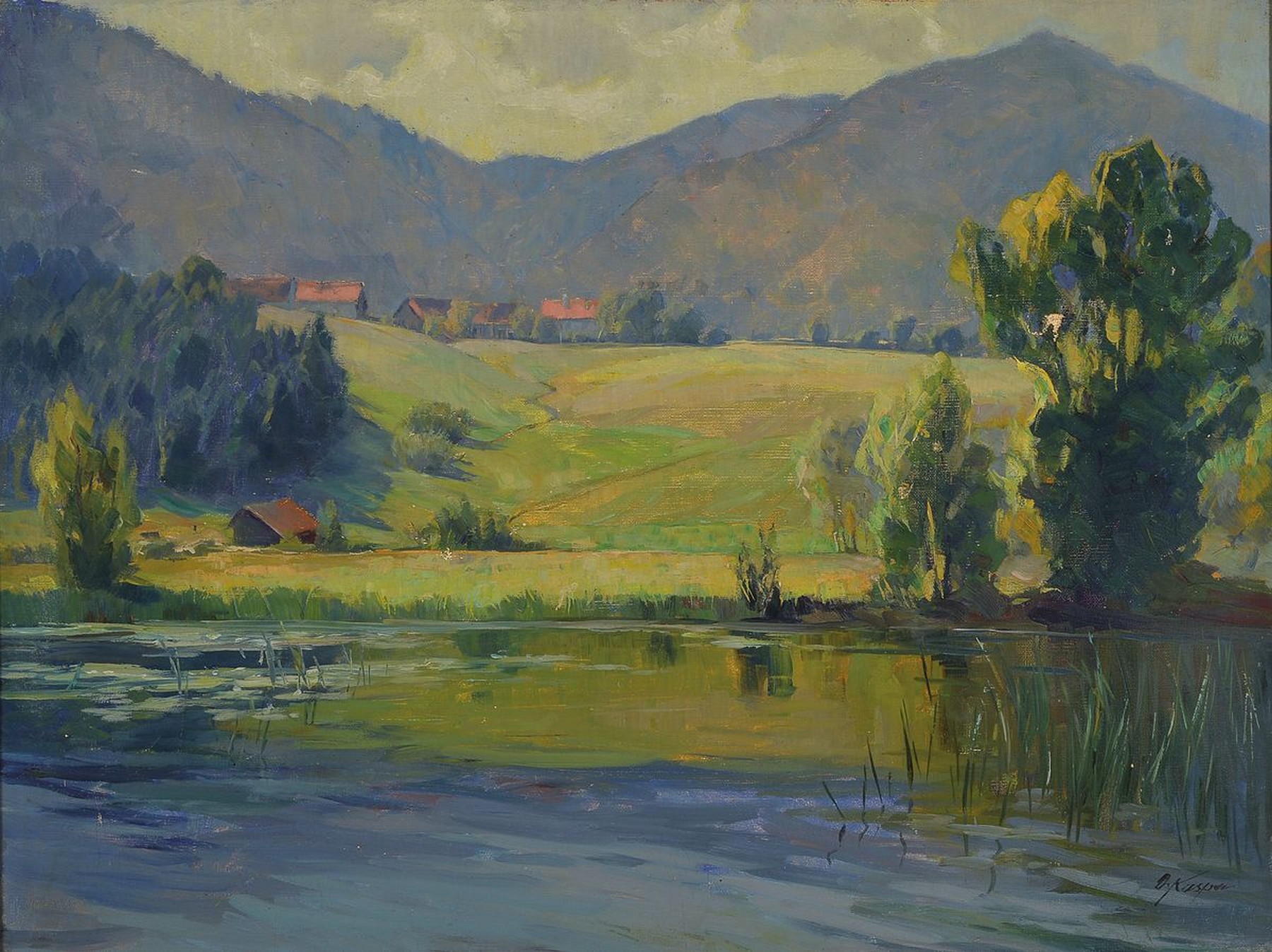 Oskar Kasper, geb. 1876 Berlin, Hügelige Landschaft mit Bach im Vordergrund, Öl/Lwd, Riss in der Lwd, rechts unten signiert, ca. 60x80cm, R. ca. ...