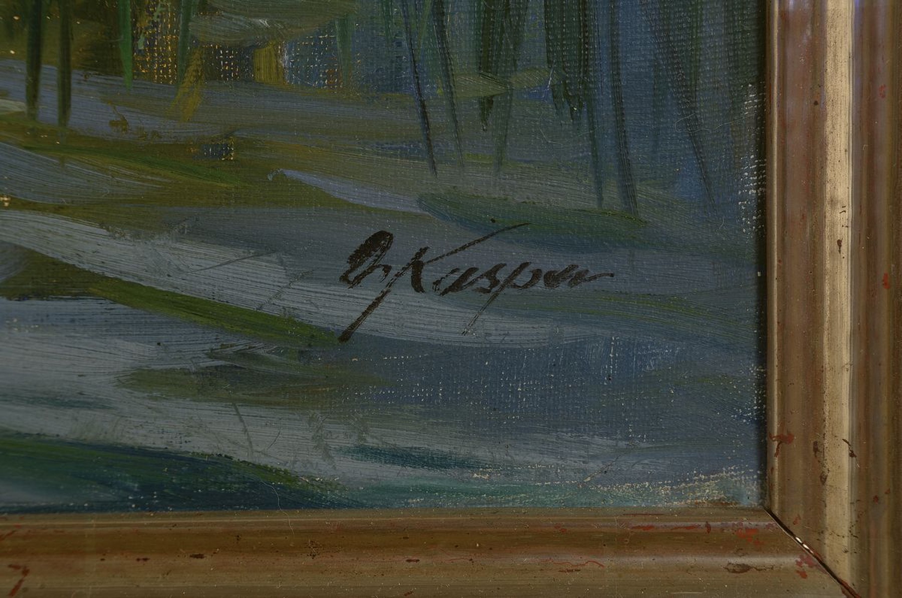 Detail a: Oskar Kasper, geb. 1876 Berlin, Hügelige Landschaft mit Bach im Vordergrund, Öl/Lwd, Riss in der Lwd, rechts unten signiert, ca. 60x80cm, R. ca. ...