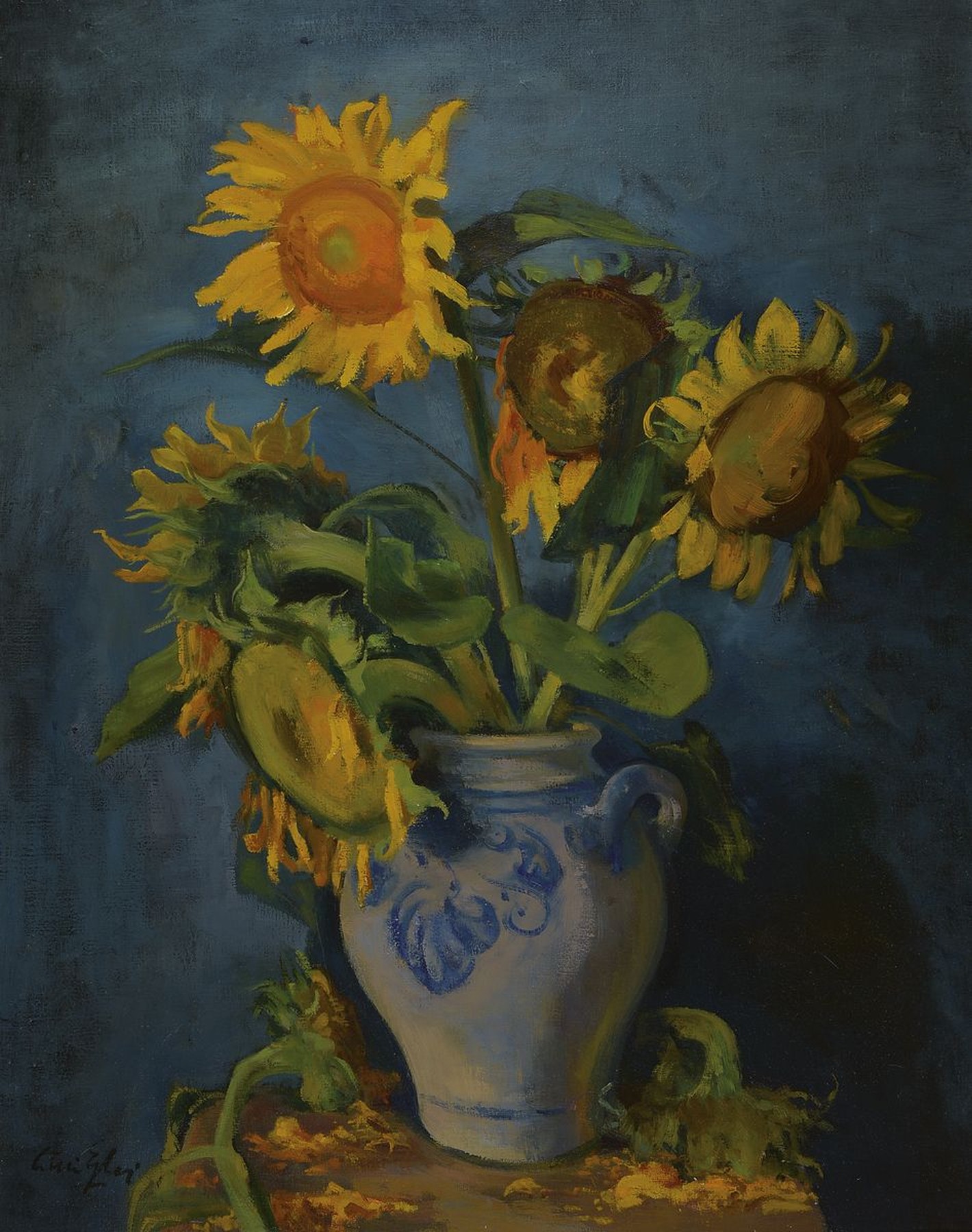 Willi Egler, 1887 Bad Rappenau-1953 Karlsruhe, Stillleben mit Sonnenblumen im Westerwälder Steinzeugkrug, Öl/Lwd, links unten signiert, ca. ...