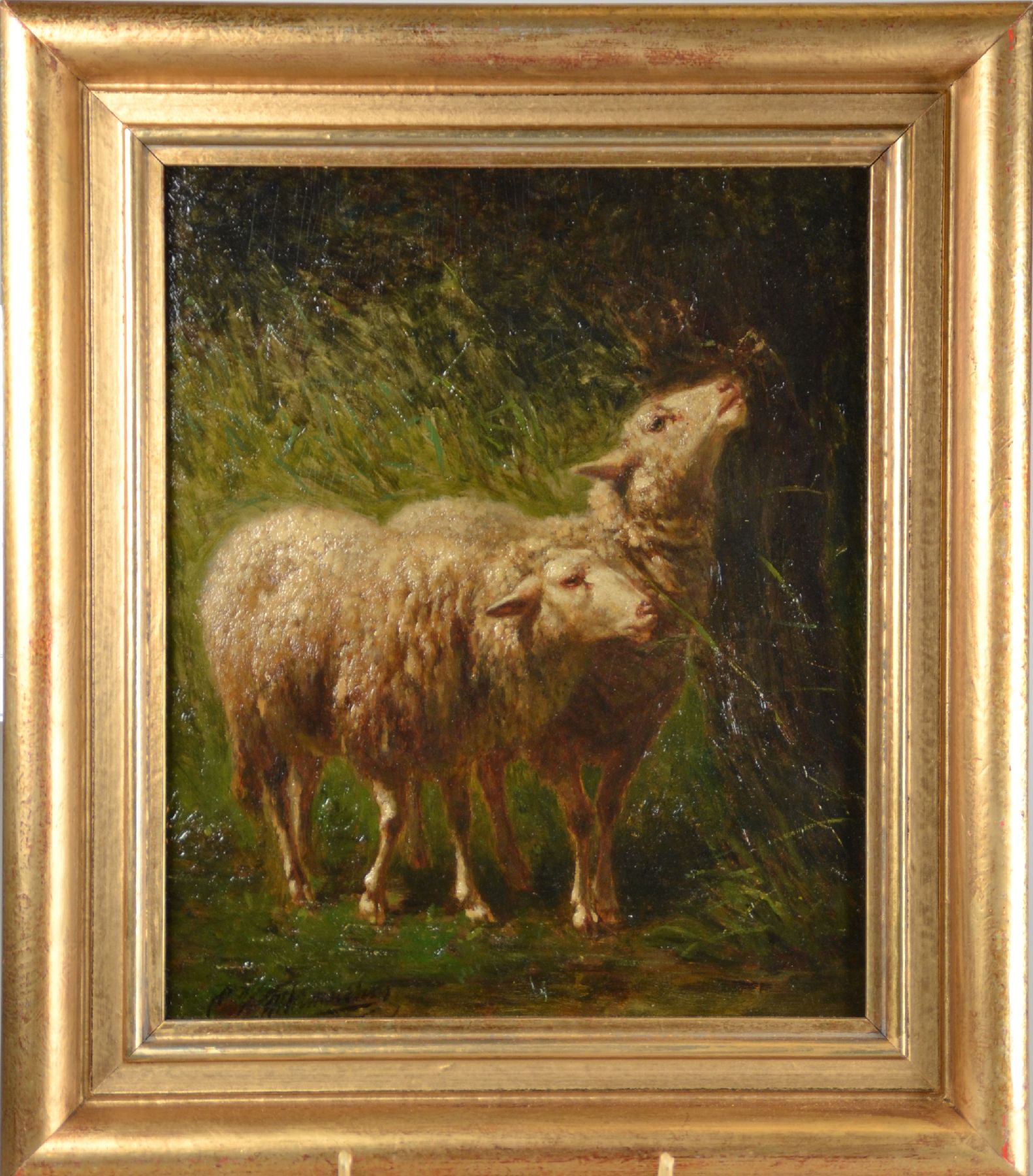 Edouard Woutermaertens, 1819 Kortrijk (Belgien) - 1897 ebenda, belgischer Tiermaler, Schüler von Louis Robbe (1806-1887), zwei Schafe im hohen Gras, ...