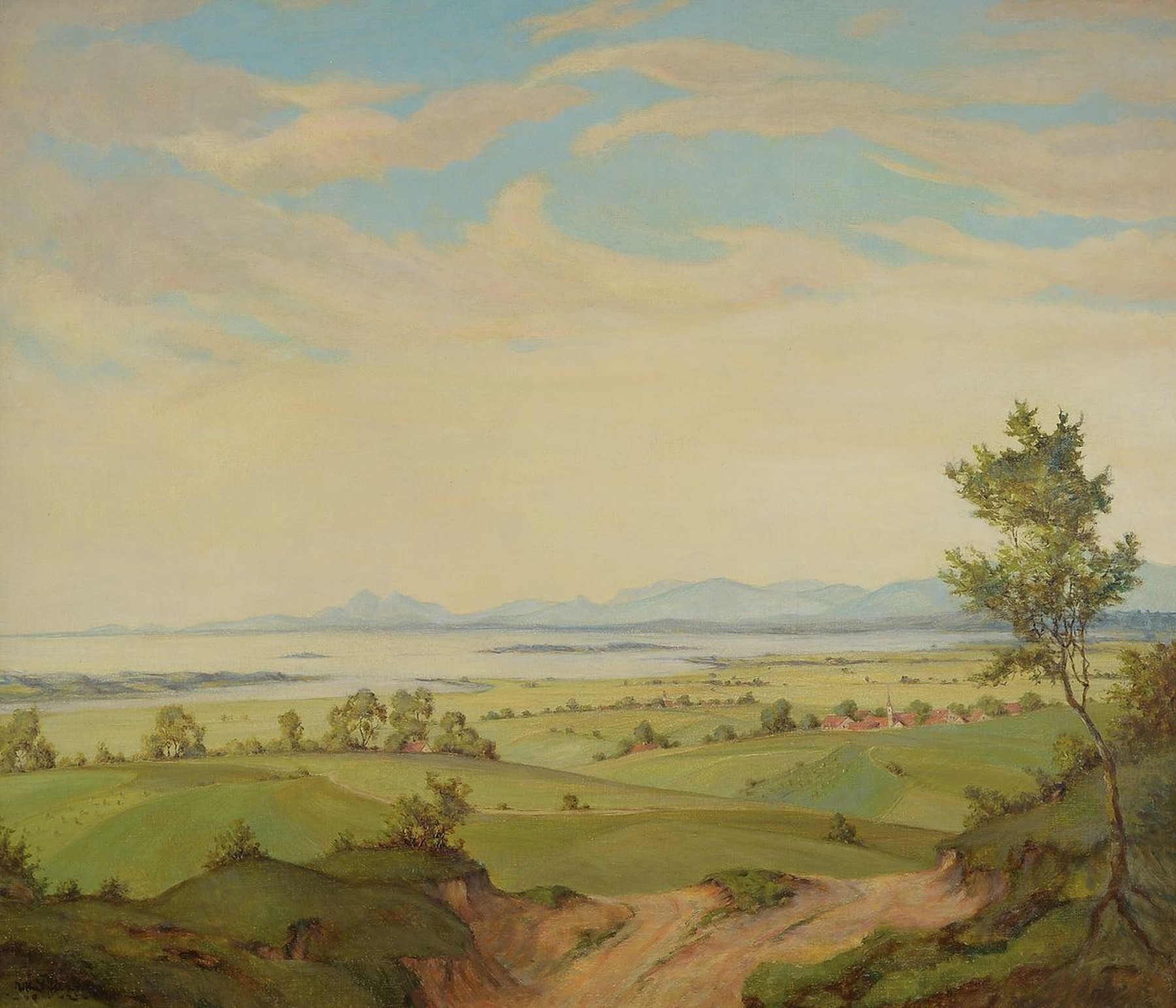Wilhelm Krug, Künstler des 20.Jh., weite Seenlandschaft, links unten signiert, Öl/Lwd, R., 69x80/84x94 cm