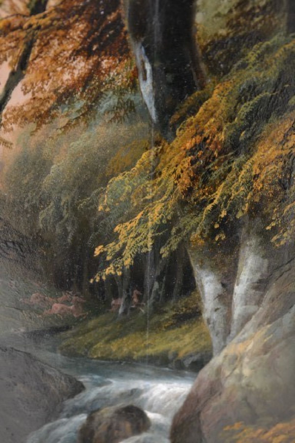 Detail h: Rudolf Volmar, 1804 Bern - 1846 Besancon, Schüler des Vaters Georg Volmar, hier: Wasserlauf wohl des Gießbachs im Berner Oberland, umgebender Wald ...