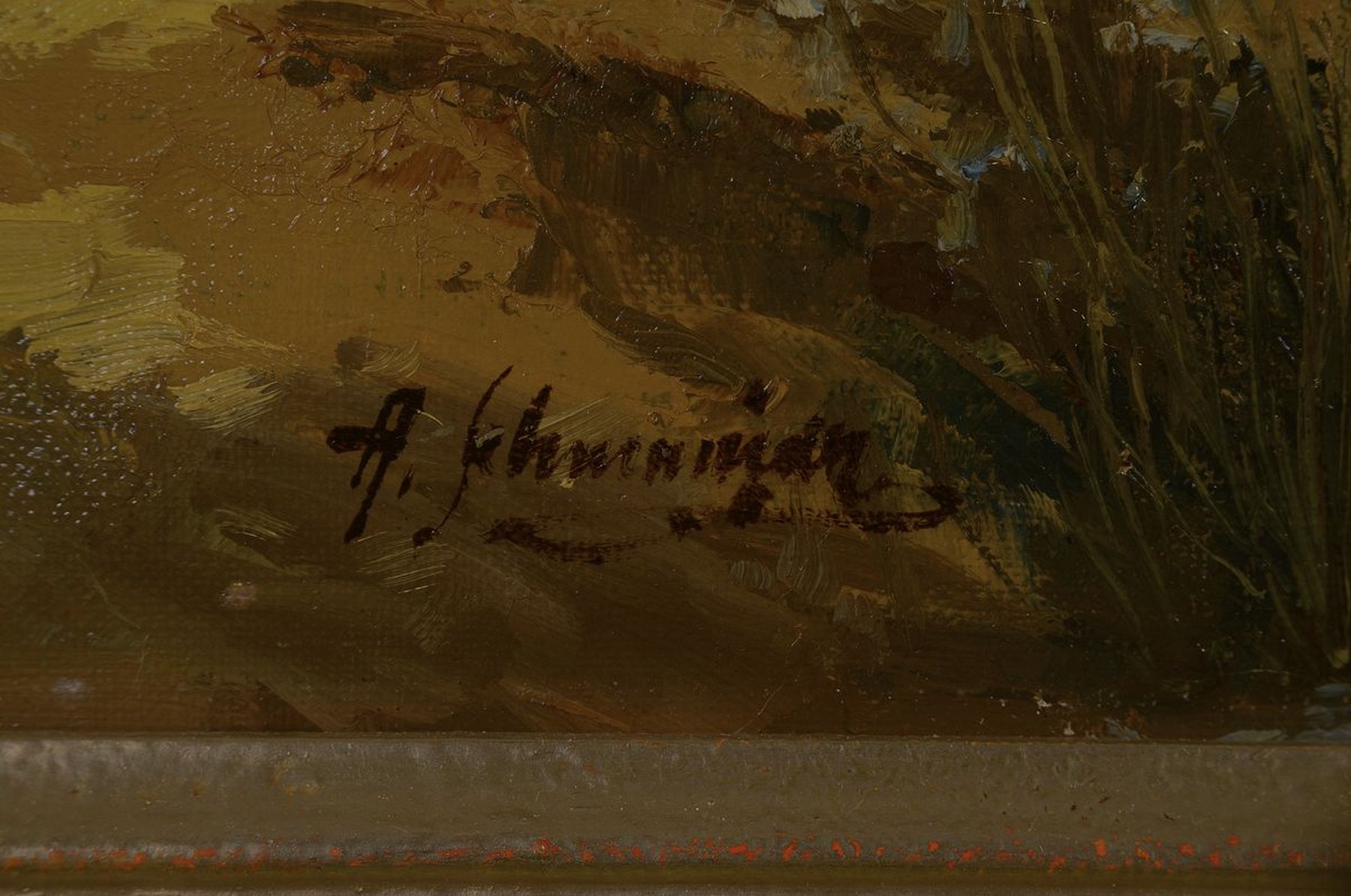 Detail a: Unbekannter Künstler der Mitte des 20.Jh., Bachlauf in herbstlicher Waldlandschaft, Öl/Lwd, links unten signiert, R., ca. 61x80/69x89 cm