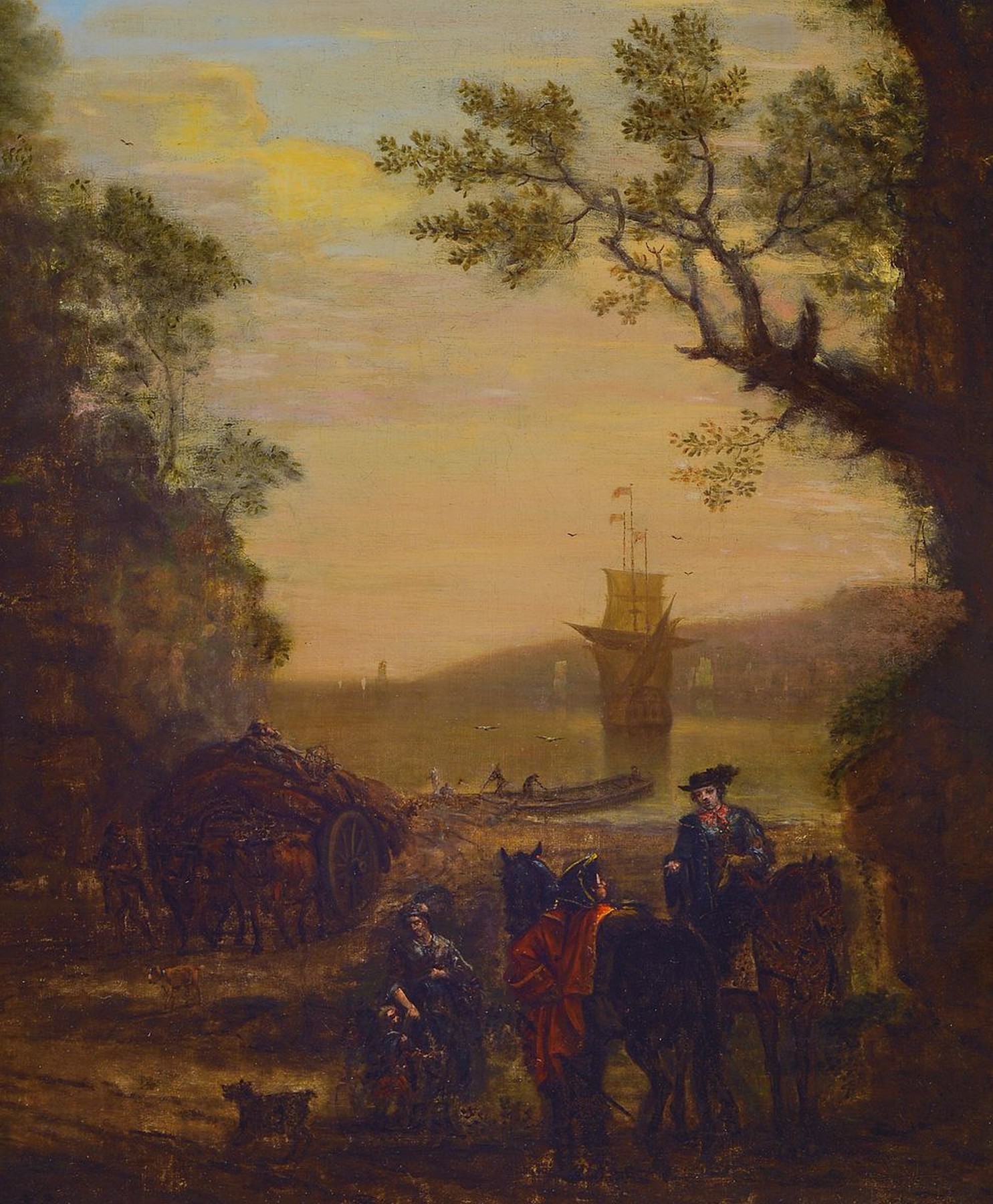 John Wootton, 1682 - 1765 London, englischer Jagd- u. Landschaftsmaler, Schüler von John Wyck (1652-1700), belebte Hafenlandschaft mit vor Anker ...
