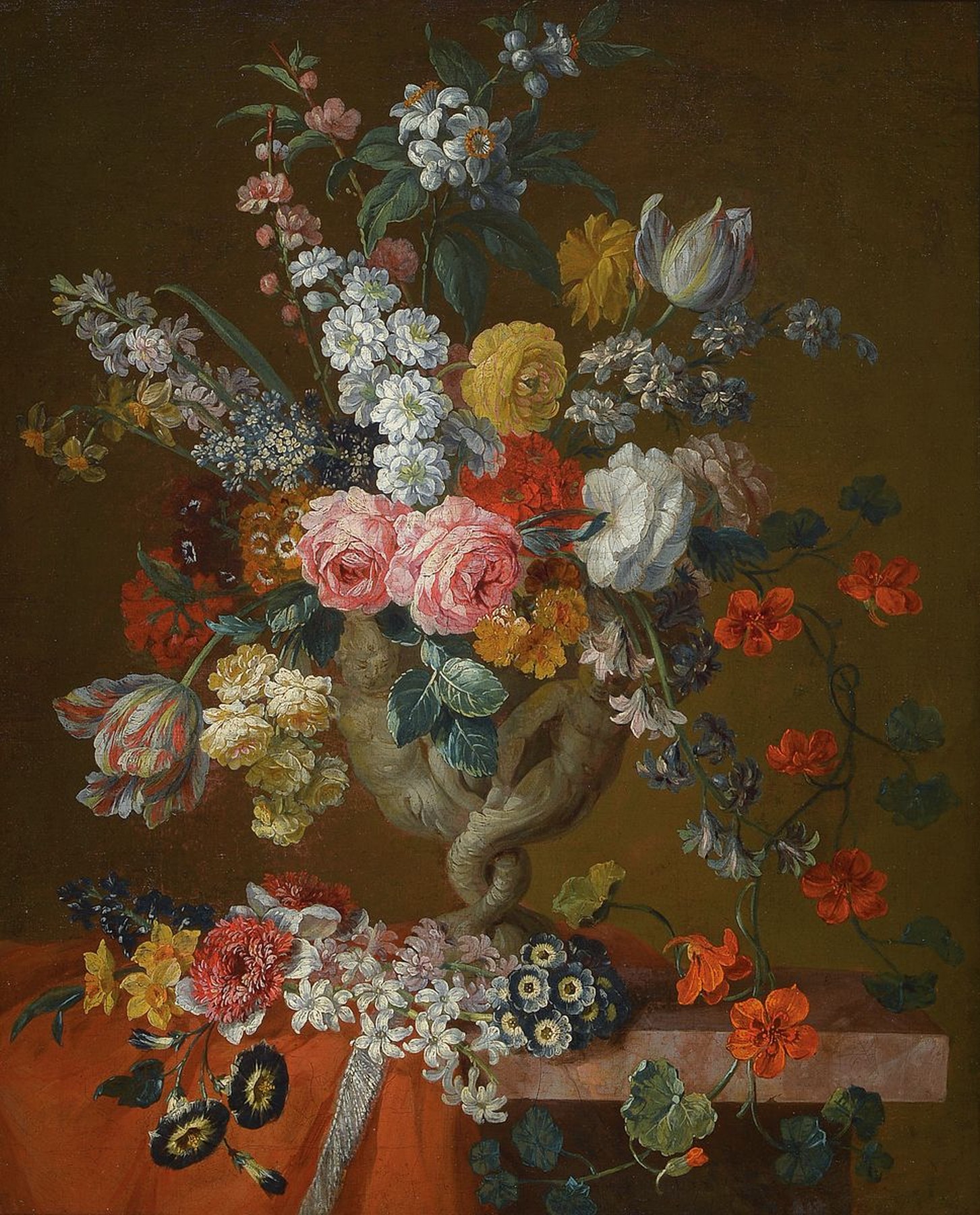 Umkreis: Gaspar Peeter II Verbruggen, 1664 Antwerpen - 1730 ebenda, opulentes Blumenstillleben mit Rosen, Lilien, Hibiskusblüten, figurale Vase in ...