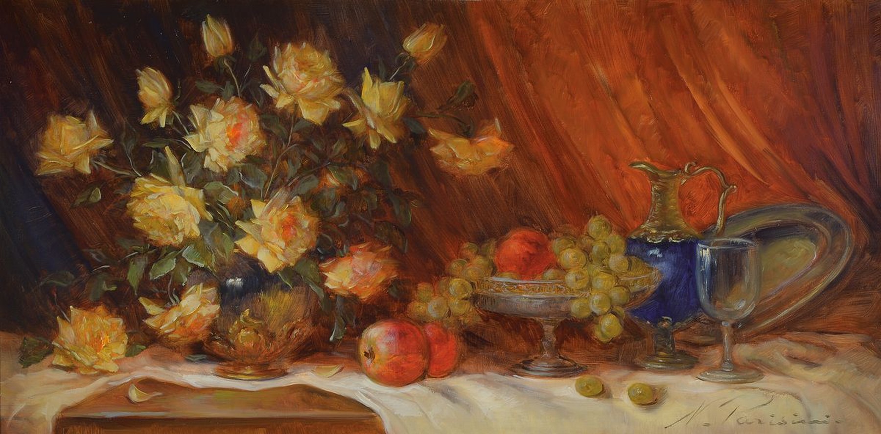 Nicole Parisini, geb. 1924, Stillleben mit Blumen, Obst, Kanne, Glas und Teller, Öl/Lwd, rechts unten signiert, ca. 50x100cm, R. ca. 62x112cm