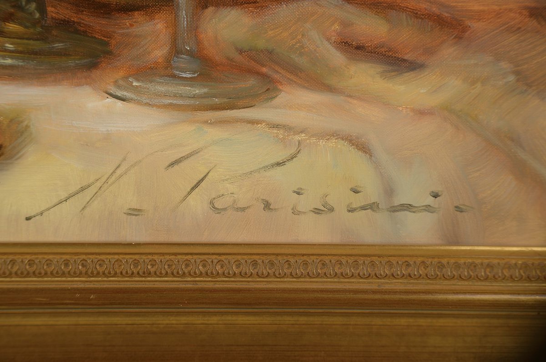 Detail a: Nicole Parisini, geb. 1924, Stillleben mit Blumen, Obst, Kanne, Glas und Teller, Öl/Lwd, rechts unten signiert, ca. 50x100cm, R. ca. 62x112cm