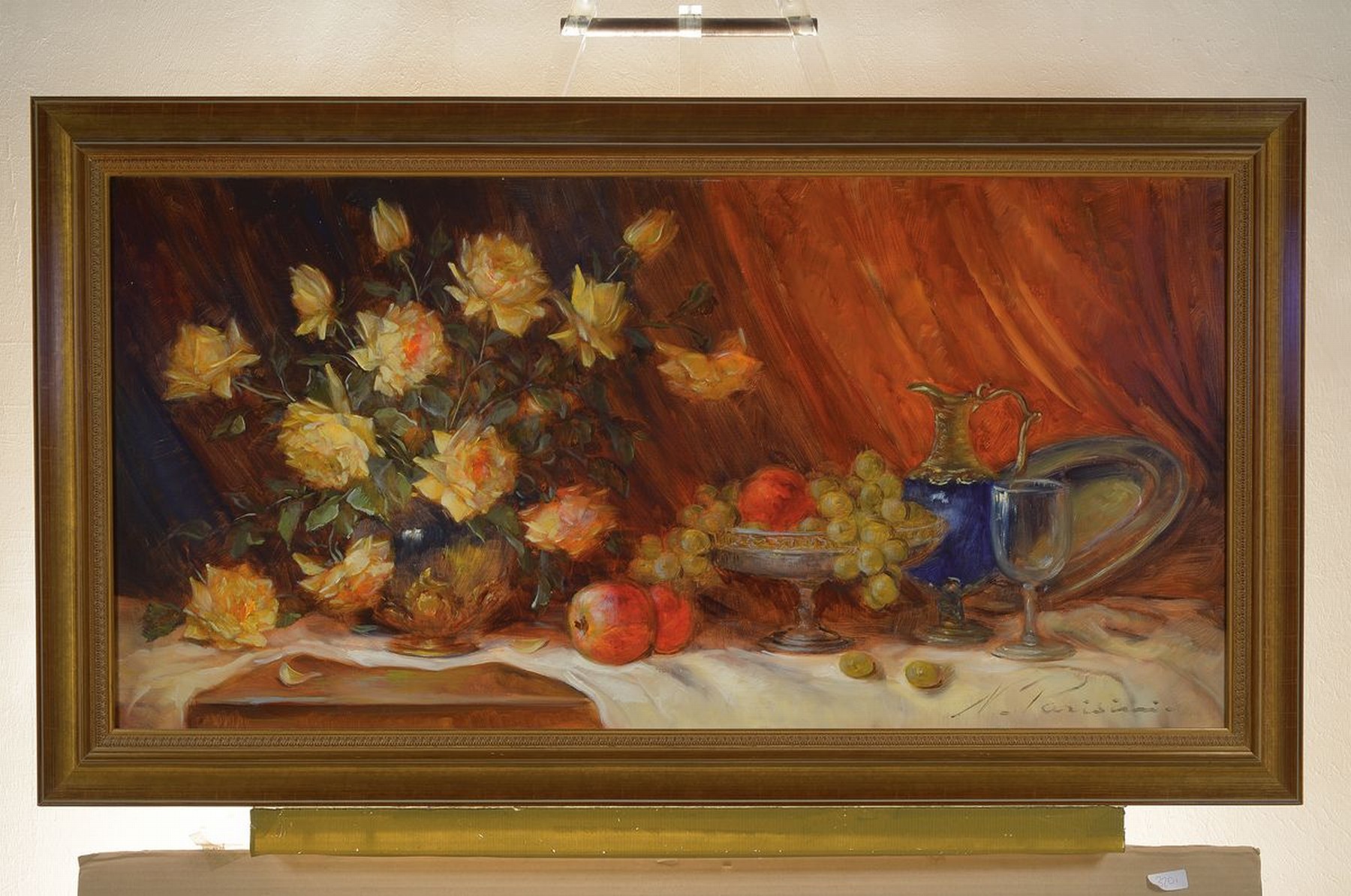 Detail k: Nicole Parisini, geb. 1924, Stillleben mit Blumen, Obst, Kanne, Glas und Teller, Öl/Lwd, rechts unten signiert, ca. 50x100cm, R. ca. 62x112cm