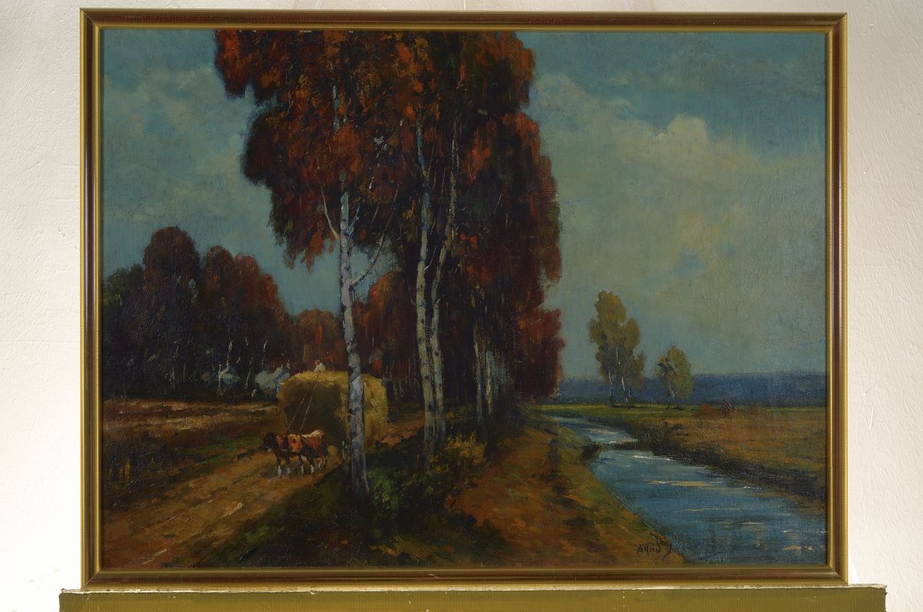 Detail k: Alfred Schweitzer, 1882-1960, Landschaft mit herbstlicher Birkenallee, Bachlauf und Heuwagen, Öl/Lwd, rechts unten signiert, ca. 52x71cm