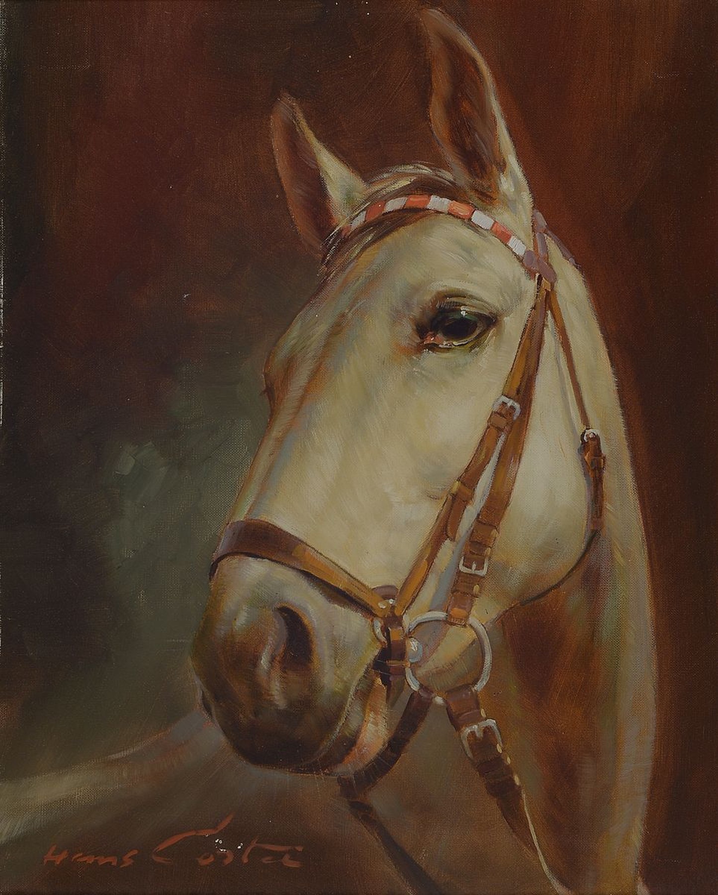 Hans Cortes, Künstler des 20.Jh., Pferdebildnis, links unten signiert, Alterssp., ca. 50x40/67x58 cm