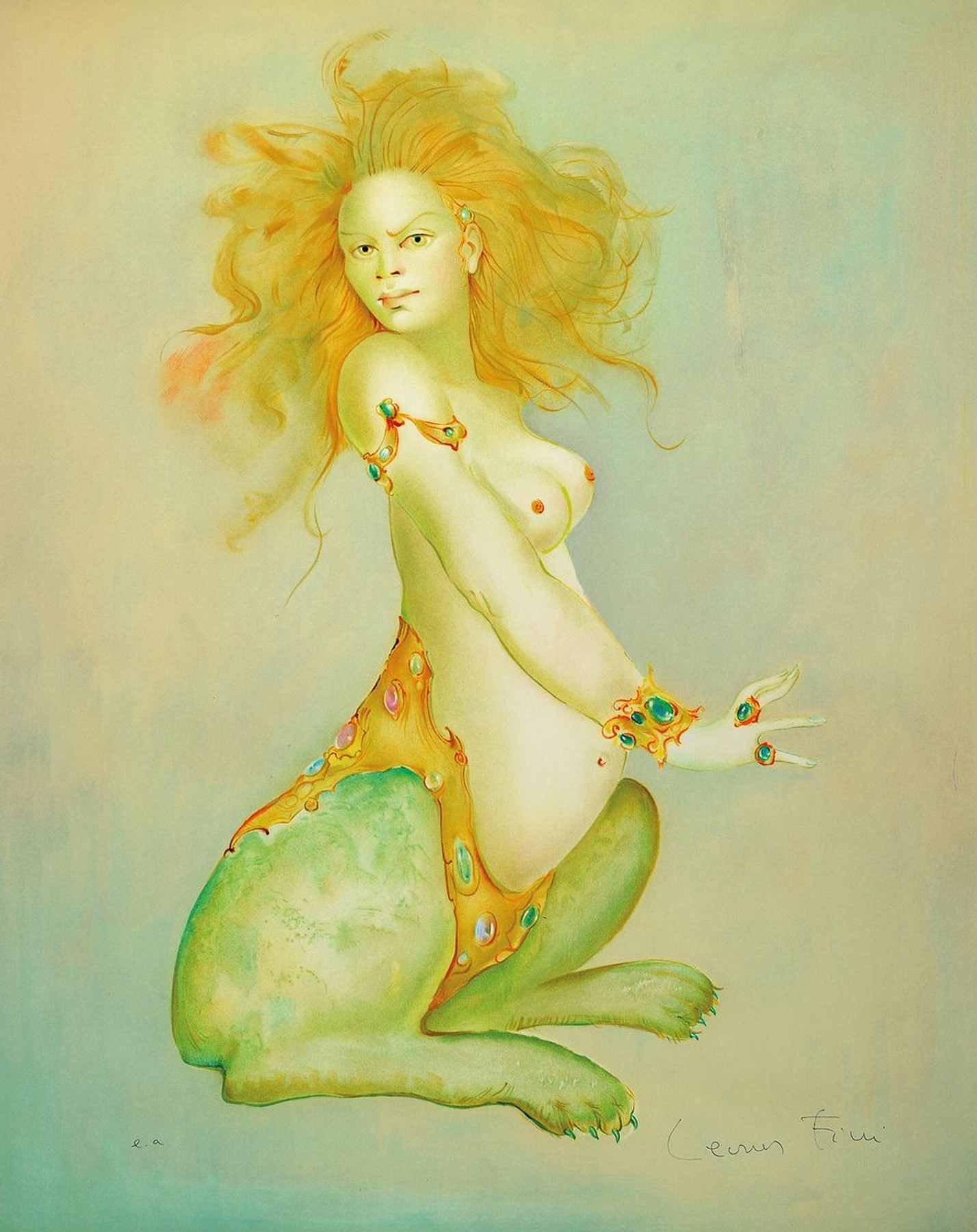 Detail d: Leonor Fini, 1907 - 1996, drei Farblithographien, versch. Darstellungen, Frau mit Katze, stil. Sphinx und liegende Frau, alle handsigniert, z.T. ...