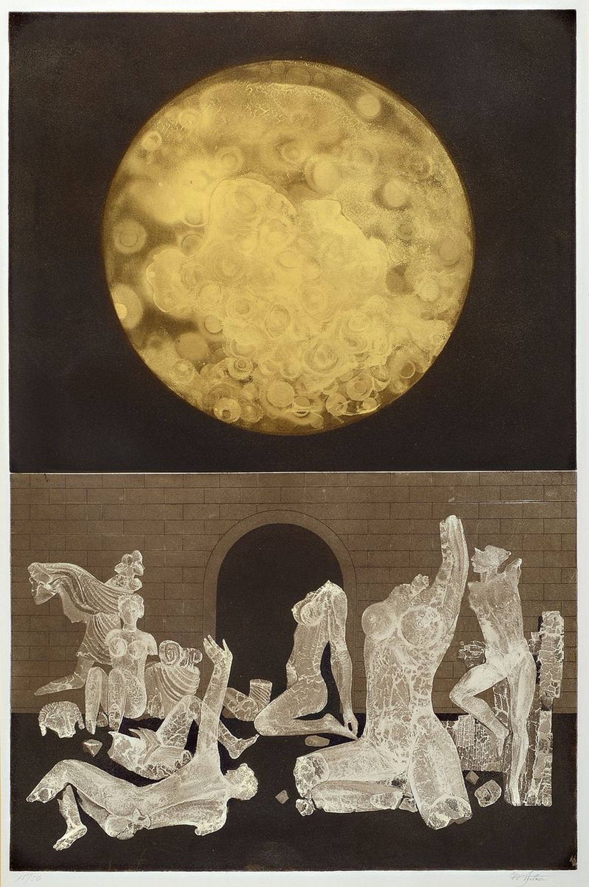 Ungedeuteter Künstler, wohl 70er Jahre, Lithographie, antike Figurenfragmente unter Planet, re. u. unleserlich signiert, num. 15/50, PP, unter Glas, ...