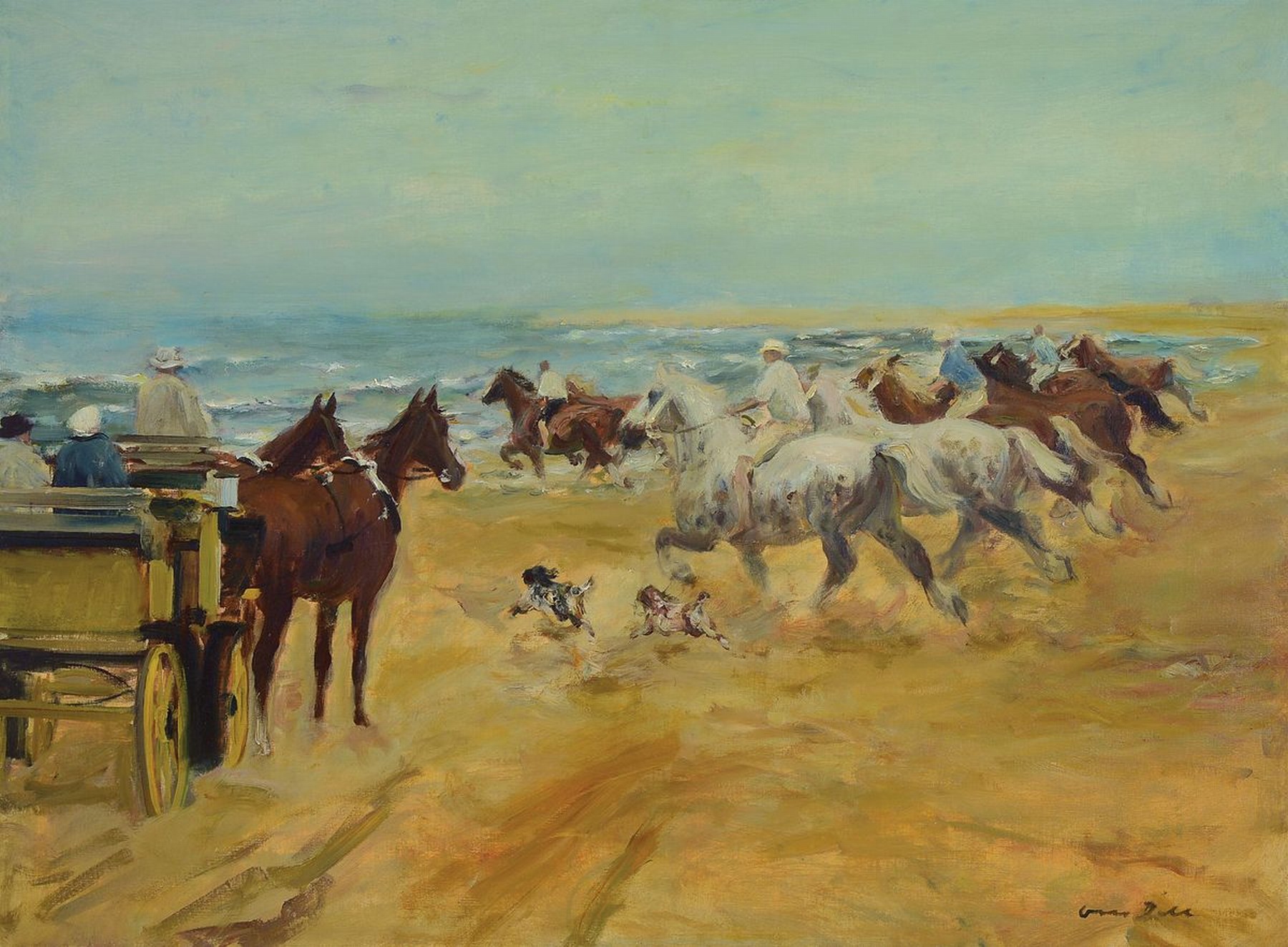 Otto Dill, 1884 Neustadt - 1957 Bad Dürkheim,, "belebter Strand am Meer", mit schweren Pferden und Kutsche am Strand, lebendige und ...