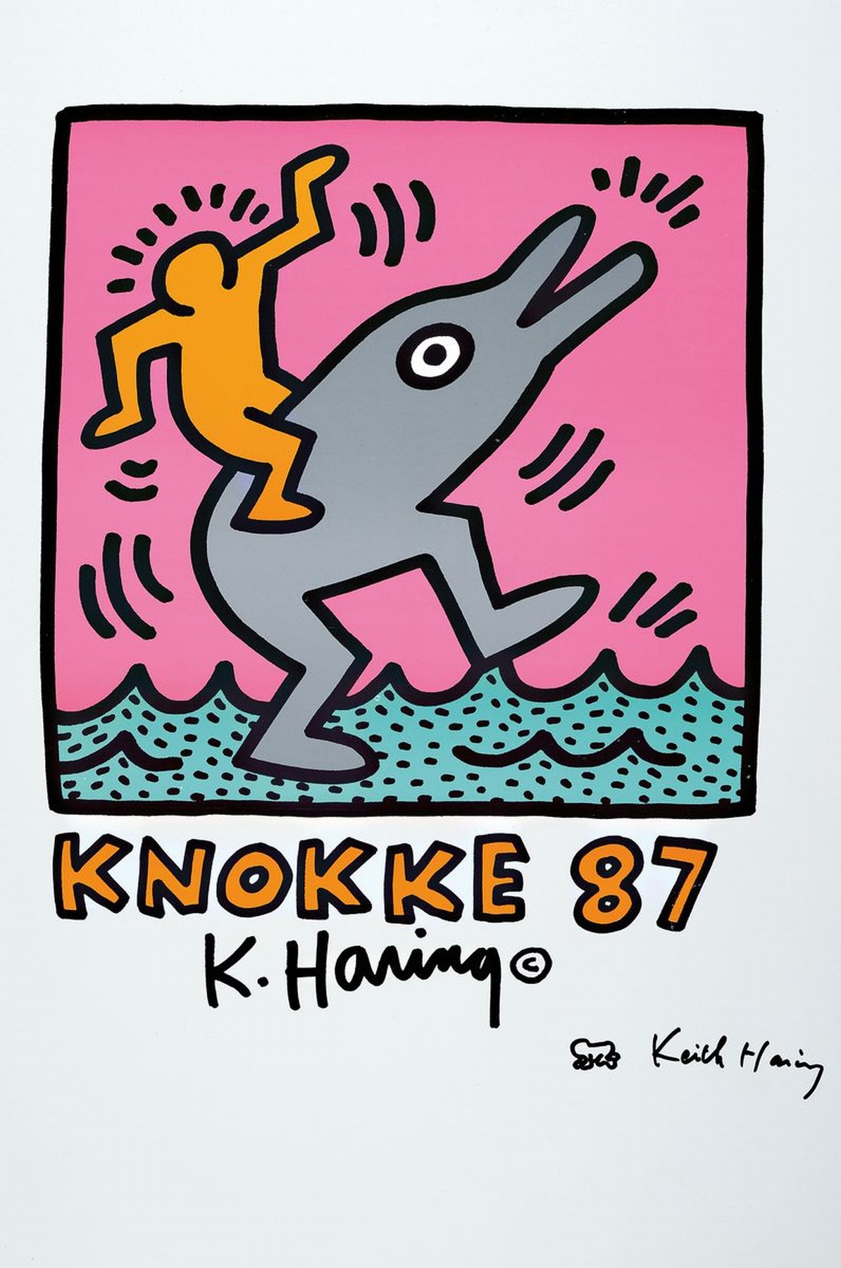 Keith Haring, 1958-1990, Knokke 87, Poster, handsigniert und mit kleiner Baby- Zeichnung versehen, Blattgr. ca. 72x52cm