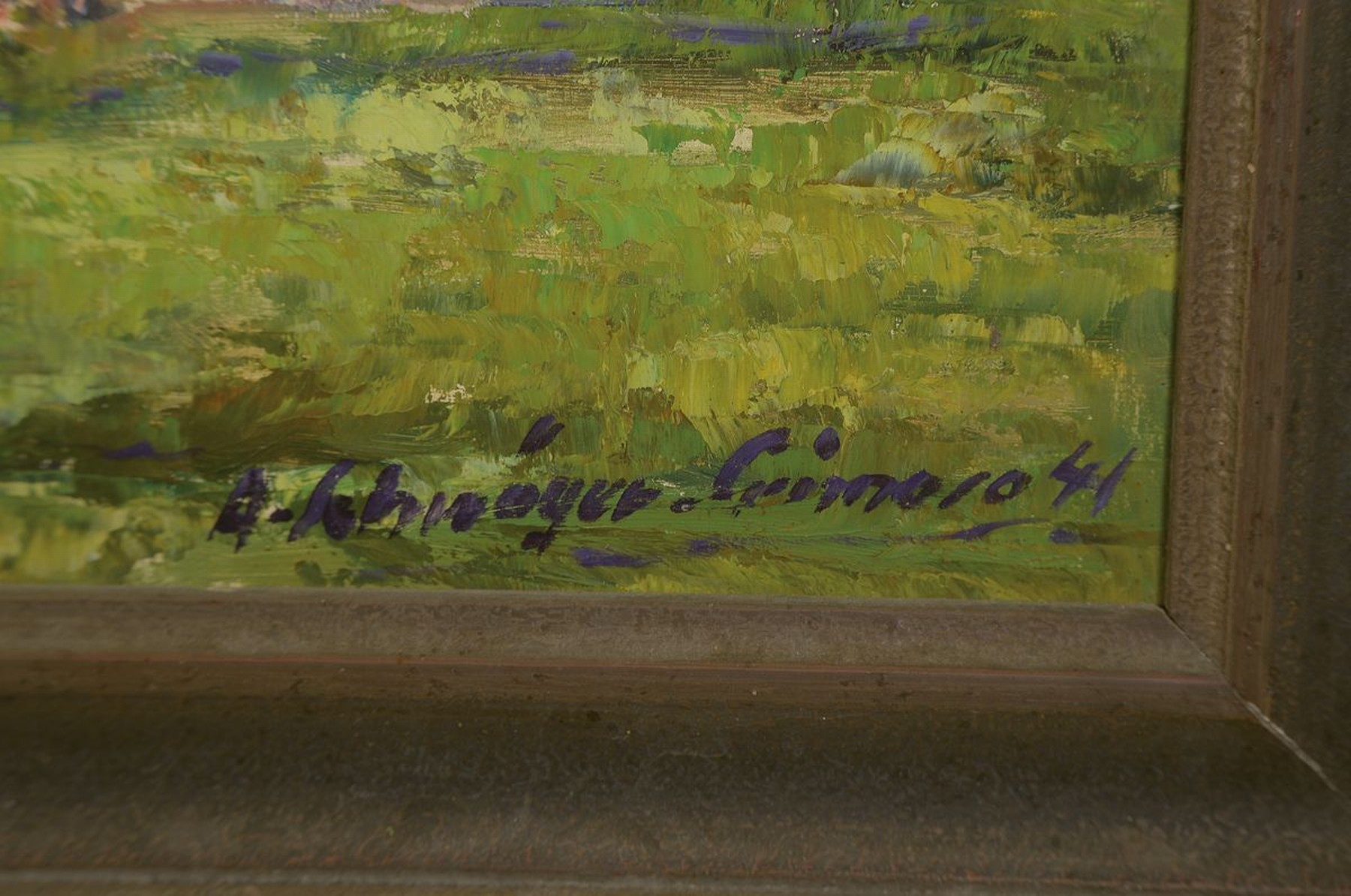 Detail a: Alfred Schwäger-Crimoso, 1902 Ludwigshafen-1960 Ziegelhausen, Alpenlandschaft, Öl/Sperrholz, signiert, ca. 80x100cm, R. ca. 92x112cm, dieser besch.