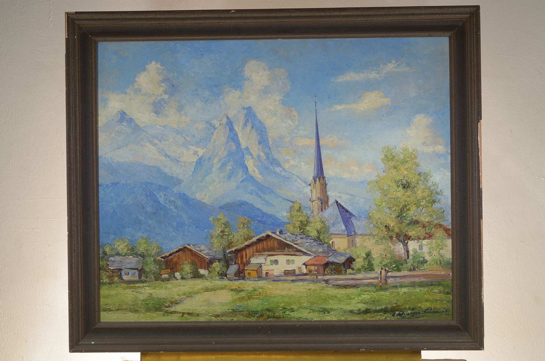 Detail k: Alfred Schwäger-Crimoso, 1902 Ludwigshafen-1960 Ziegelhausen, Alpenlandschaft, Öl/Sperrholz, signiert, ca. 80x100cm, R. ca. 92x112cm, dieser besch.