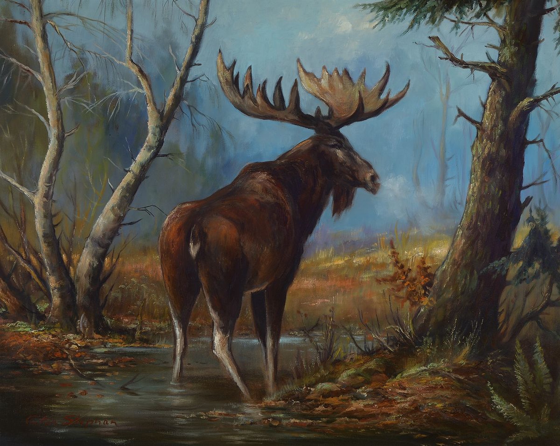 Peter Stephan, 1927 St. Petersburg-2014 Weinheim, Elch im Moor, Öl/Lwd, links unten signiert, ca. 80x100cm, R. ca. 92x112cm
