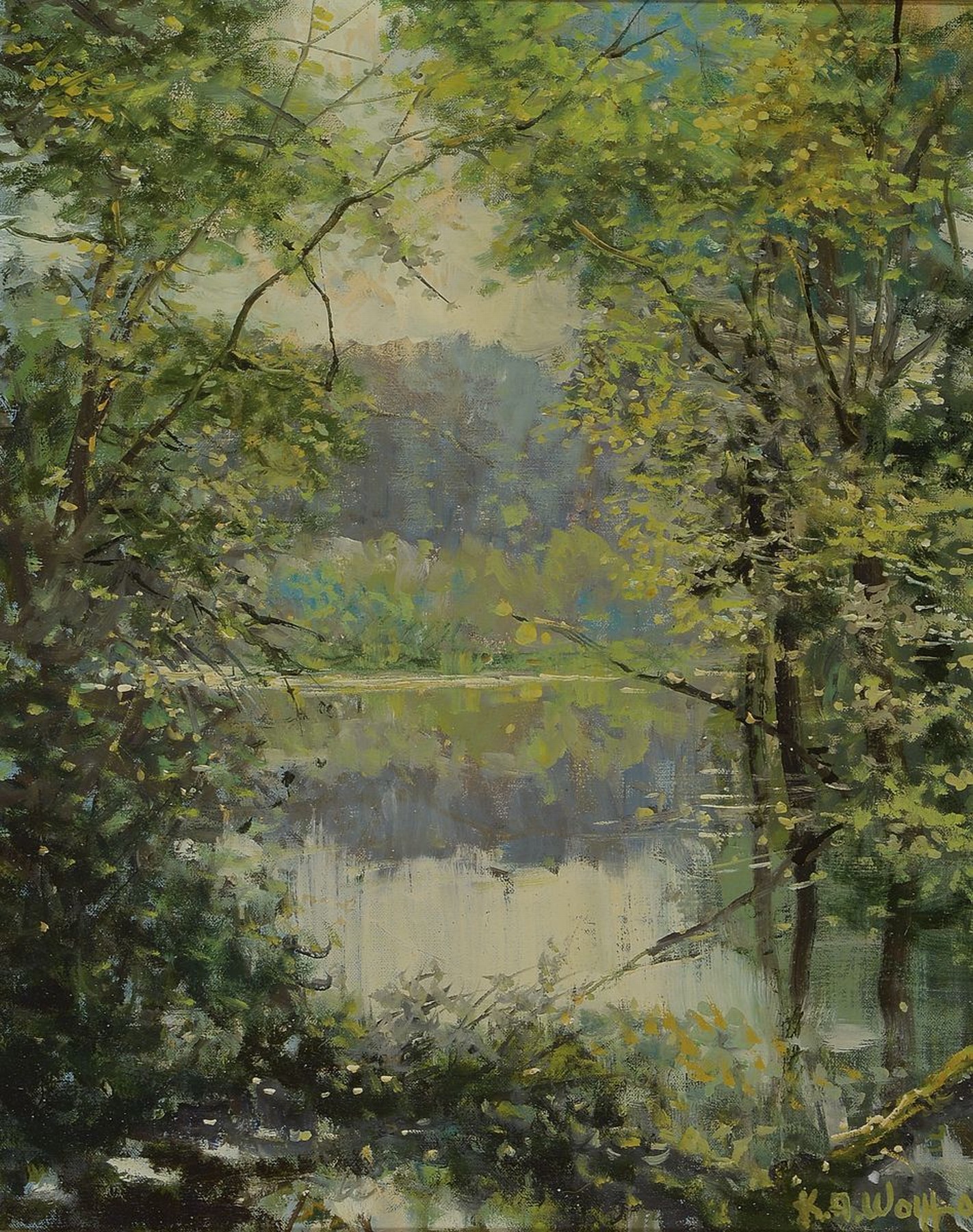 Karl August Wolff, geb. 1938 Ludwigshafen am Rhein, lebt und arbeitet in Offenbach a.d. Queich, hier: Altrheinlandschaft, Öl/Lwd, rechts unten ...