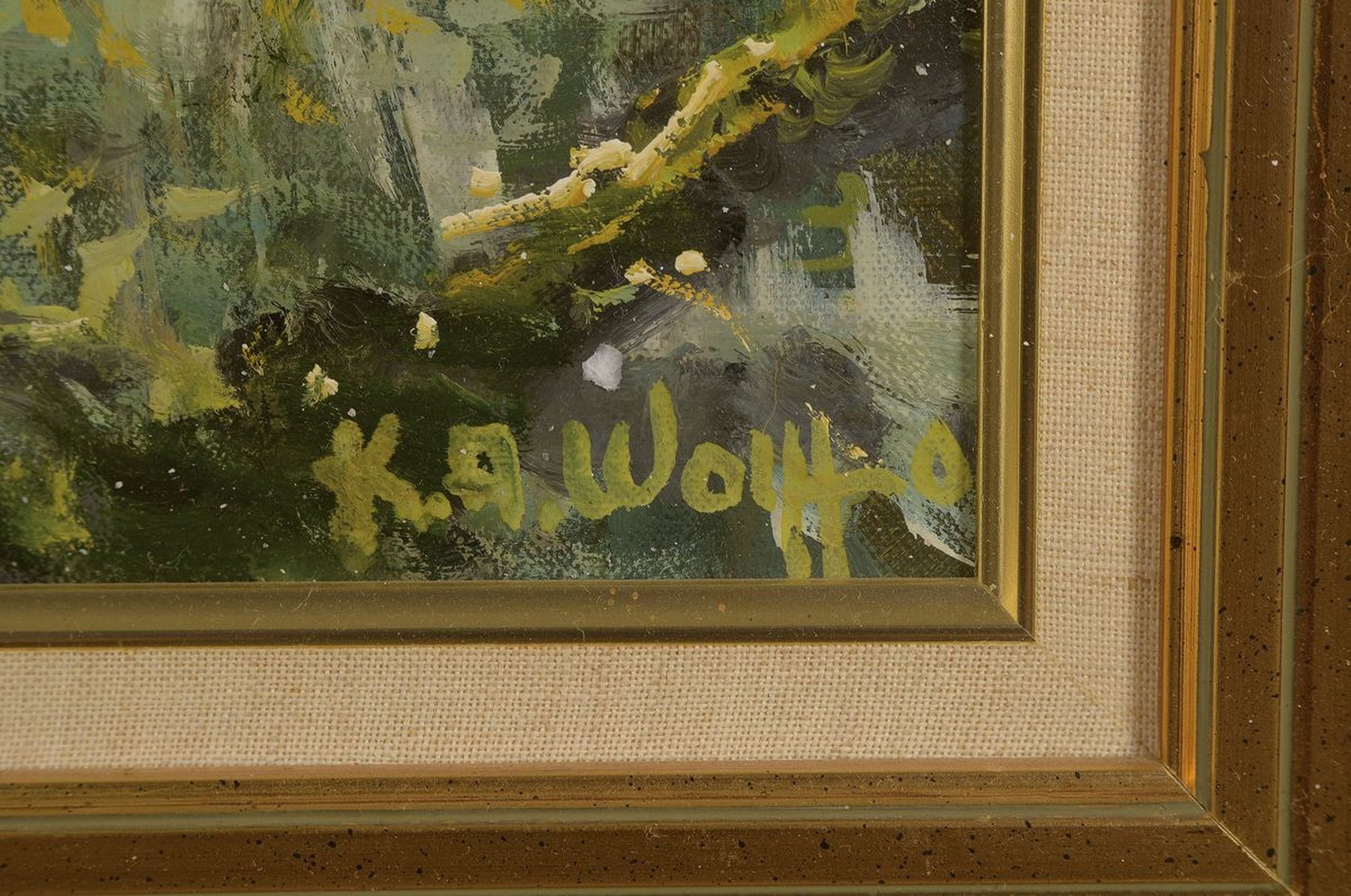 Detail a: Karl August Wolff, geb. 1938 Ludwigshafen am Rhein, lebt und arbeitet in Offenbach a.d. Queich, hier: Altrheinlandschaft, Öl/Lwd, rechts unten ...