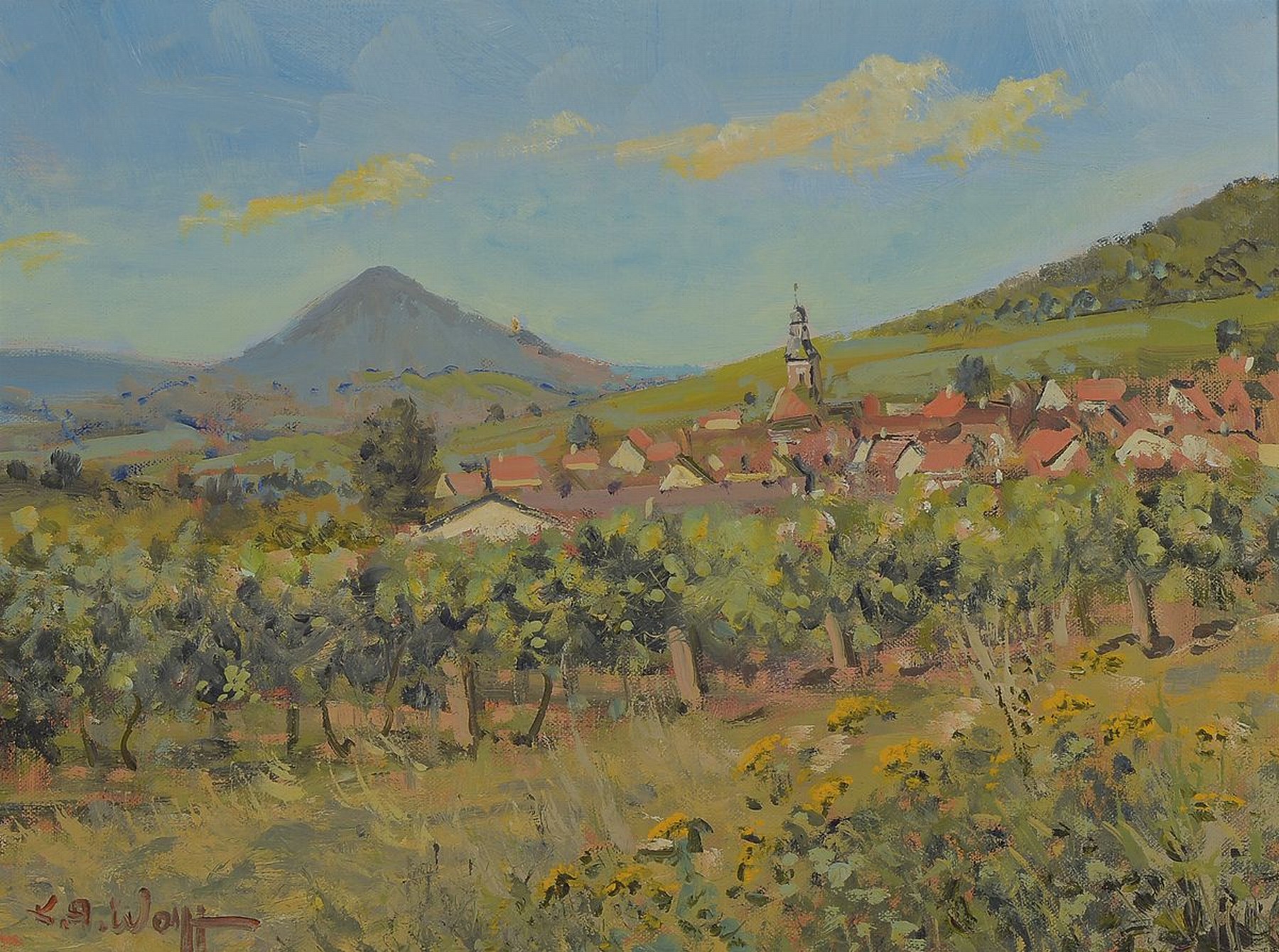 Karl August Wolff, geb. 1938 Ludwigshafen am Rhein, lebt und arbeitet in Offenbach a.d. Queich, hier: Blick auf Frankweiler, Öl/Lwd, links unten ...