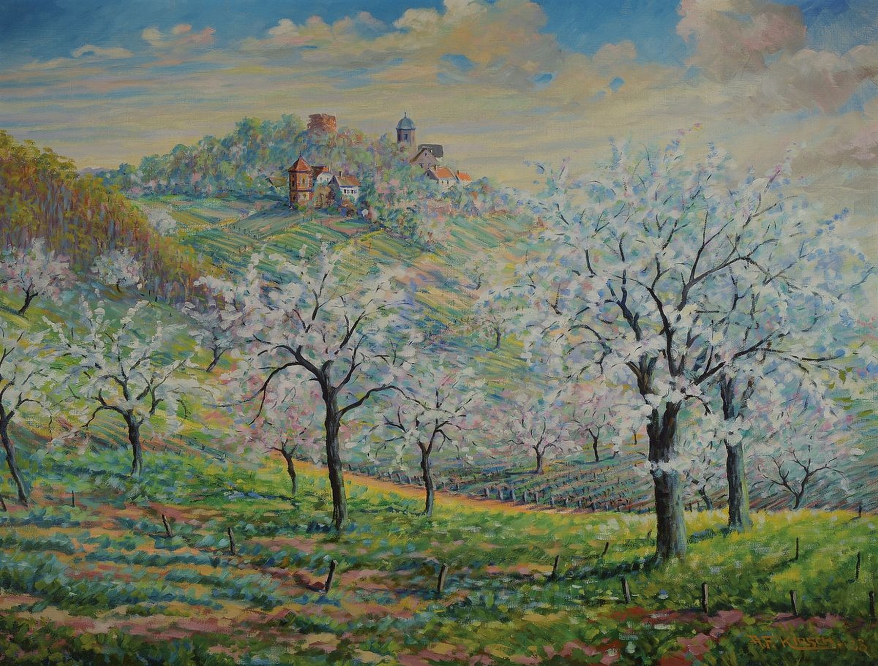 August Friedrich Kirsch, Maler aus Edenkoben, 1. Hälfte 20. Jh., Frühling Kropsburg St. Martin Pfalz, rückseitig so betitelt, Öl/Lwd, signiert, ...