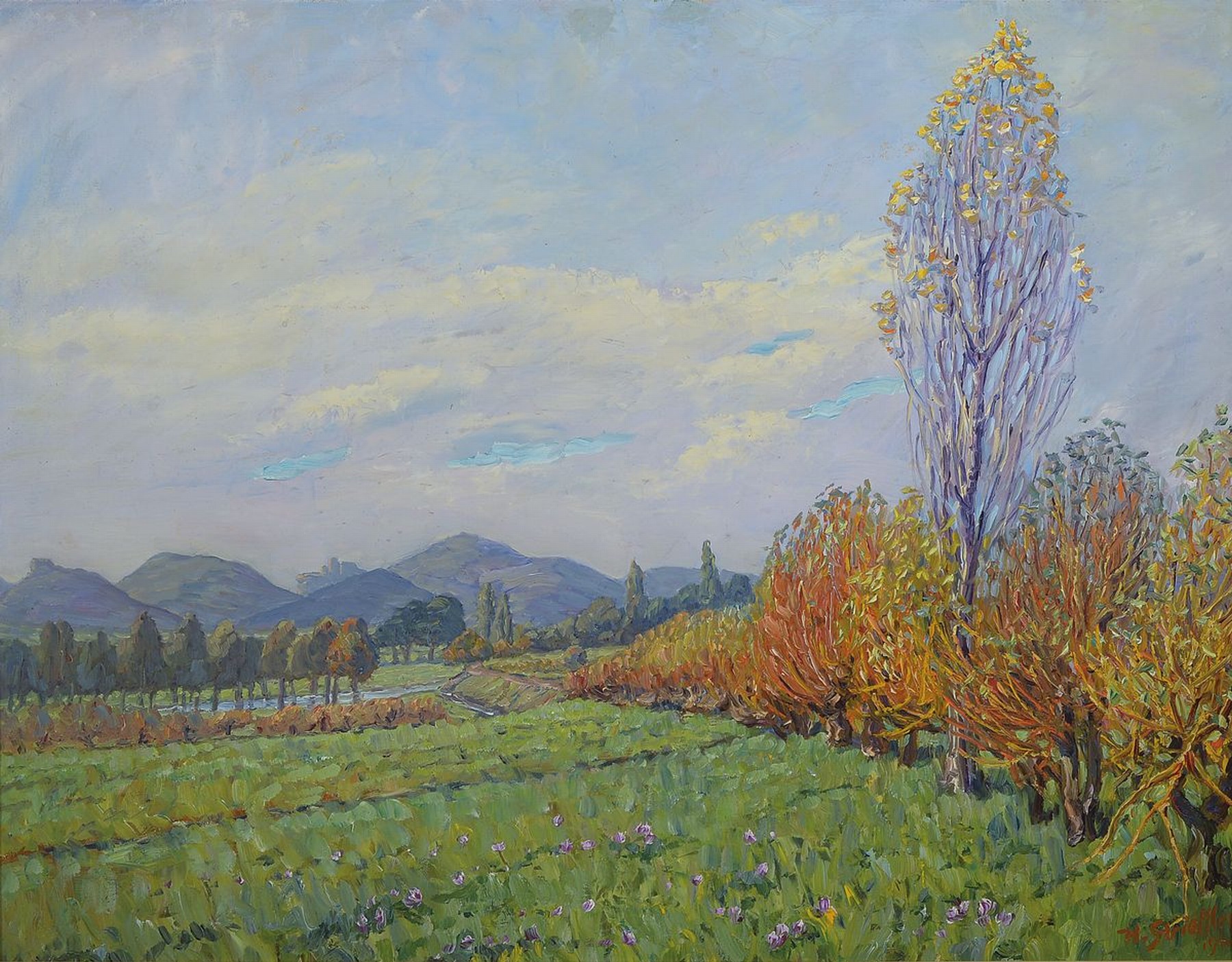 Heinrich Strieffler, 1872 Neustadt - 1949 Landau, Landschaft an der Queich, im Hintergrund der Trifels, Öl/Lwd, rechts unten signiert und dat. 40, ...