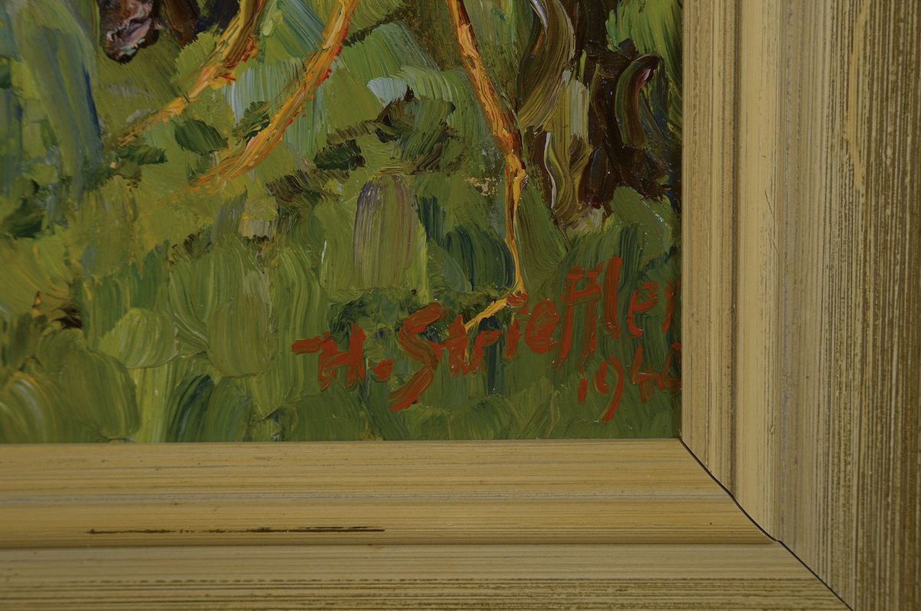Detail a: Heinrich Strieffler, 1872 Neustadt - 1949 Landau, Landschaft an der Queich, im Hintergrund der Trifels, Öl/Lwd, rechts unten signiert und dat. 40, ...