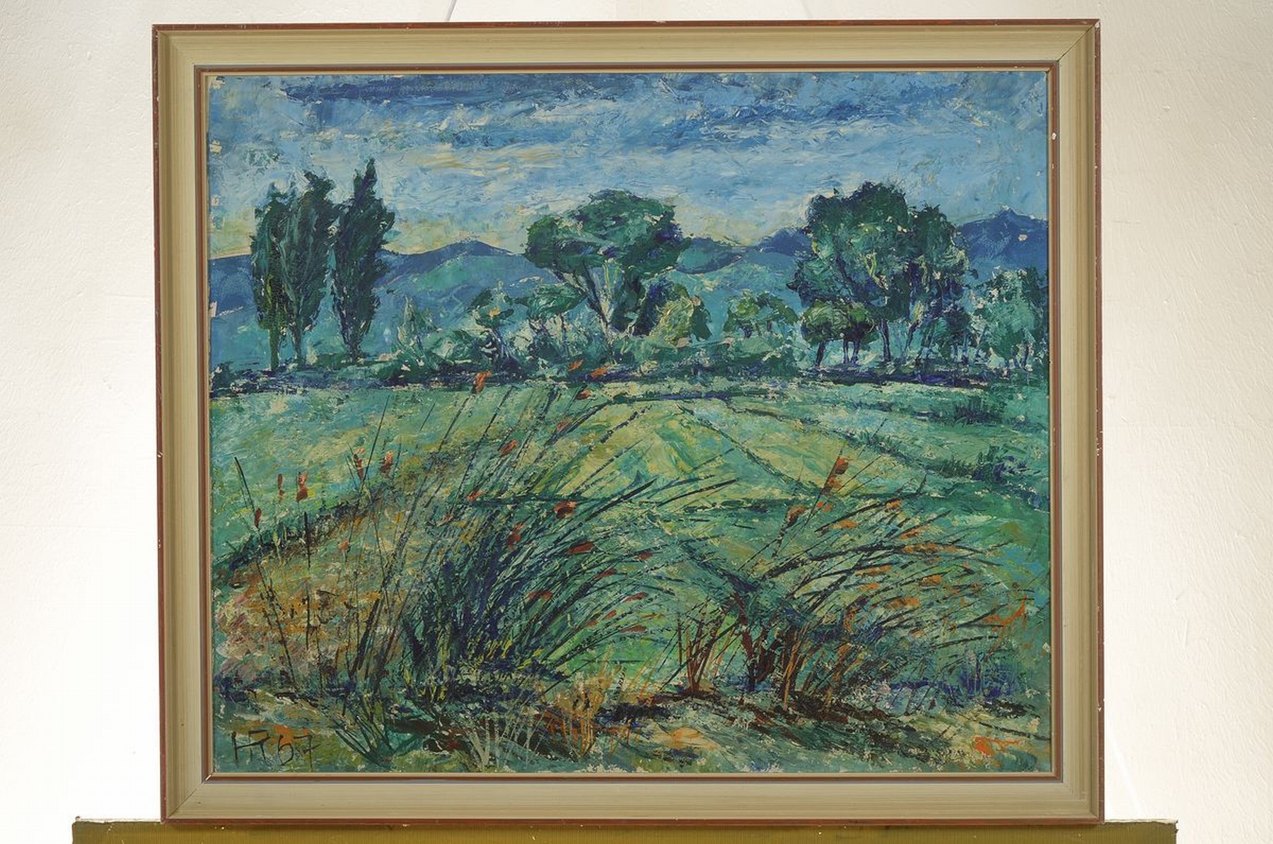 Detail k: Heinz Reiss, 1923-2012 Haßloch, Landschaft mit Blick auf die Haardt, Öl/ Malkarton, links unten monogr. und dat. 67, ca. 50x60cm, R. ca. 56x66cm