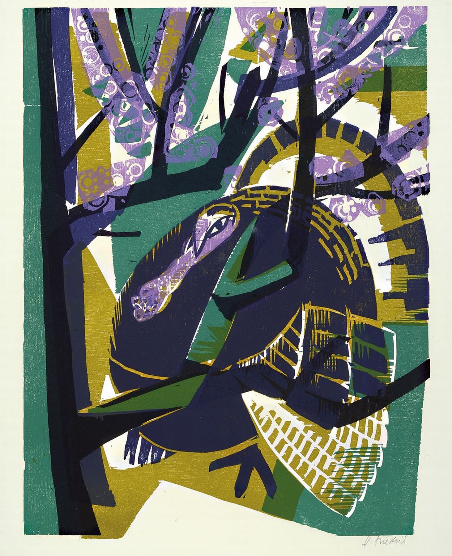 Detail c: Heinz Friedrich, 1924 Schwetzingen-2018, 2 Farbholzschnitte: Truthahn, signiert, ca. 57x42cm, u.Gl., R. ca. 70x50cm; Bauernstrauß, betitelt und ...