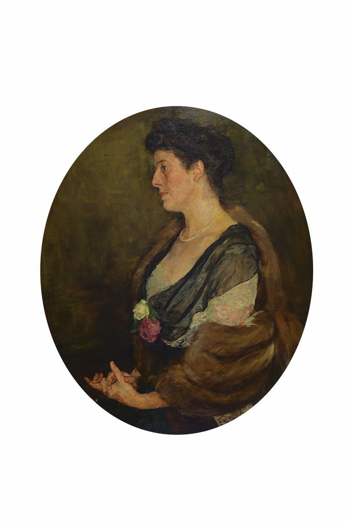 Max Slevogt, 1868 Landshut bis 1932 Neukastel,"Damenbildnis", Dreiviertelpoträt einer Dame mit Rosen u. Pelzstola, große Virtuosität in ...