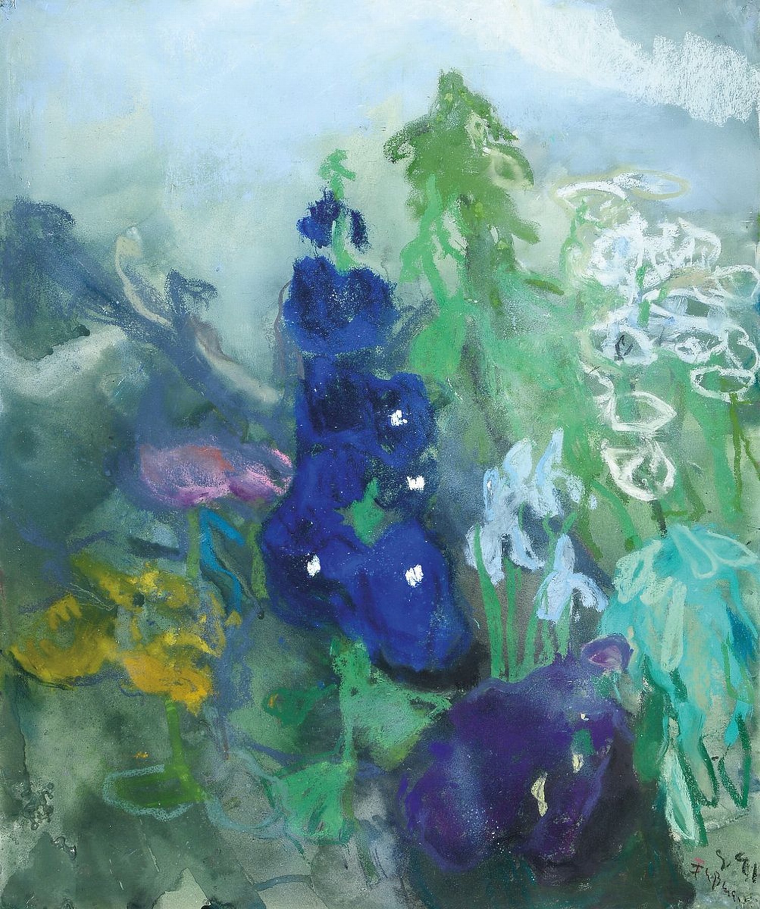 Klaus Fußmann, geb. 1938, Gouache/Farbkreideauf Büttenkarton, großformatiges Blumenstillleben, aus der graublauen Hintergrund herausgearbeitet, ...