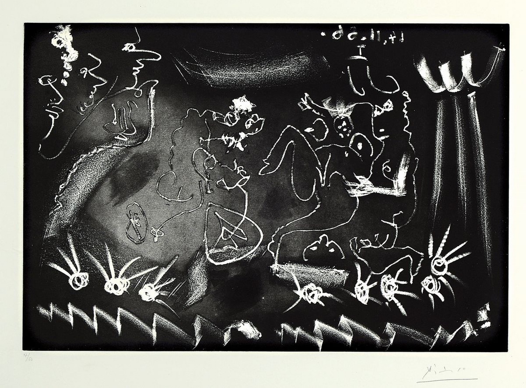 Pablo Picasso, 1881 - 1973, Aquatinta- und Kaltnadelradierung auf BFK Rives-Papier mit Wasserzeichen, Titel: "Au Theatre" aus der Suite ...