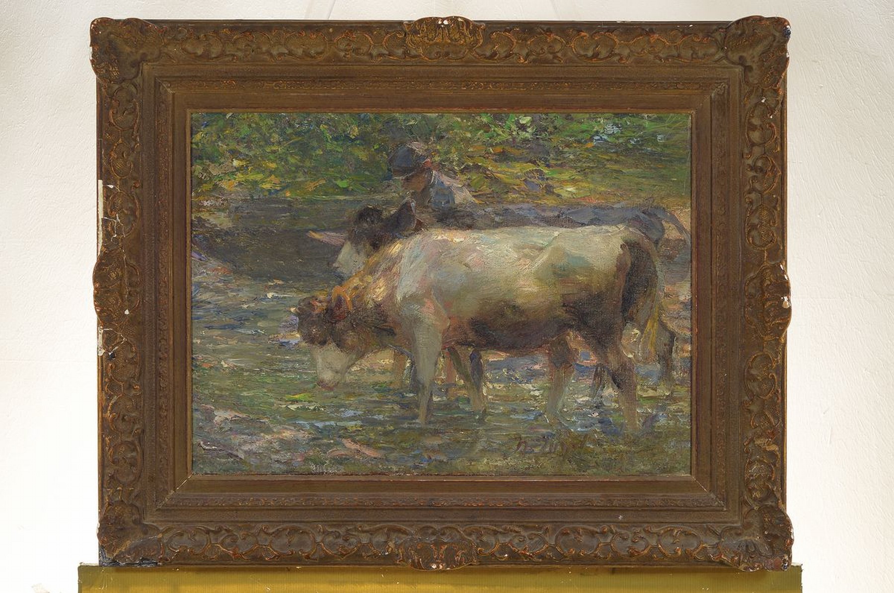 Detail k: Heinrich von Zügel, 1850 Murrhardt - 1941 München, Hütejunge mit zwei Kühen am Bach, typ. frühe Altrheinlandschaft bei Wörth, um 1900, starke ...
