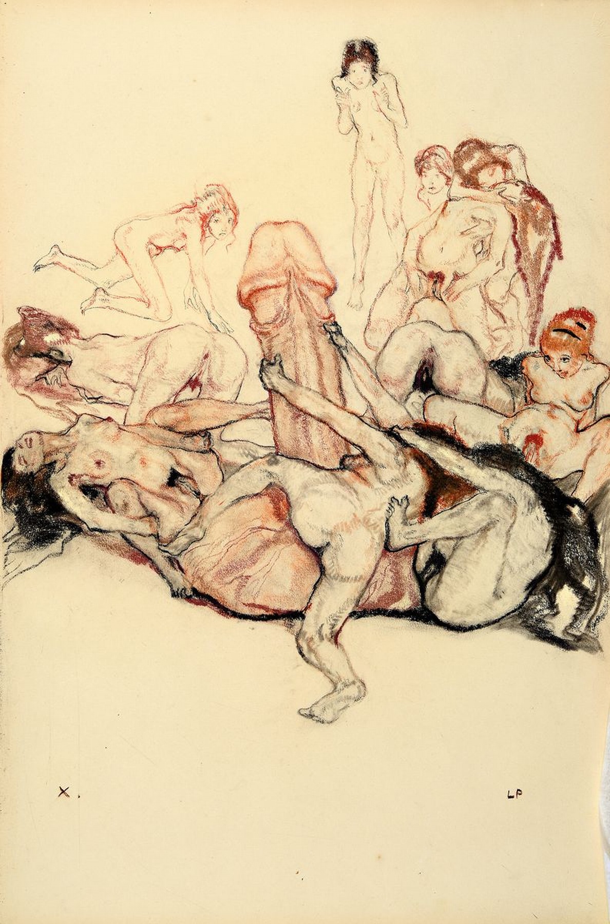 Detail c: Leo Putz, 1869 - 1940, 14 Original-Erotik-Zeichnungen, komplette Serie/Mappe mit handgeschriebenem Kommentar von Leo Putz, jeweils unten rechts ...