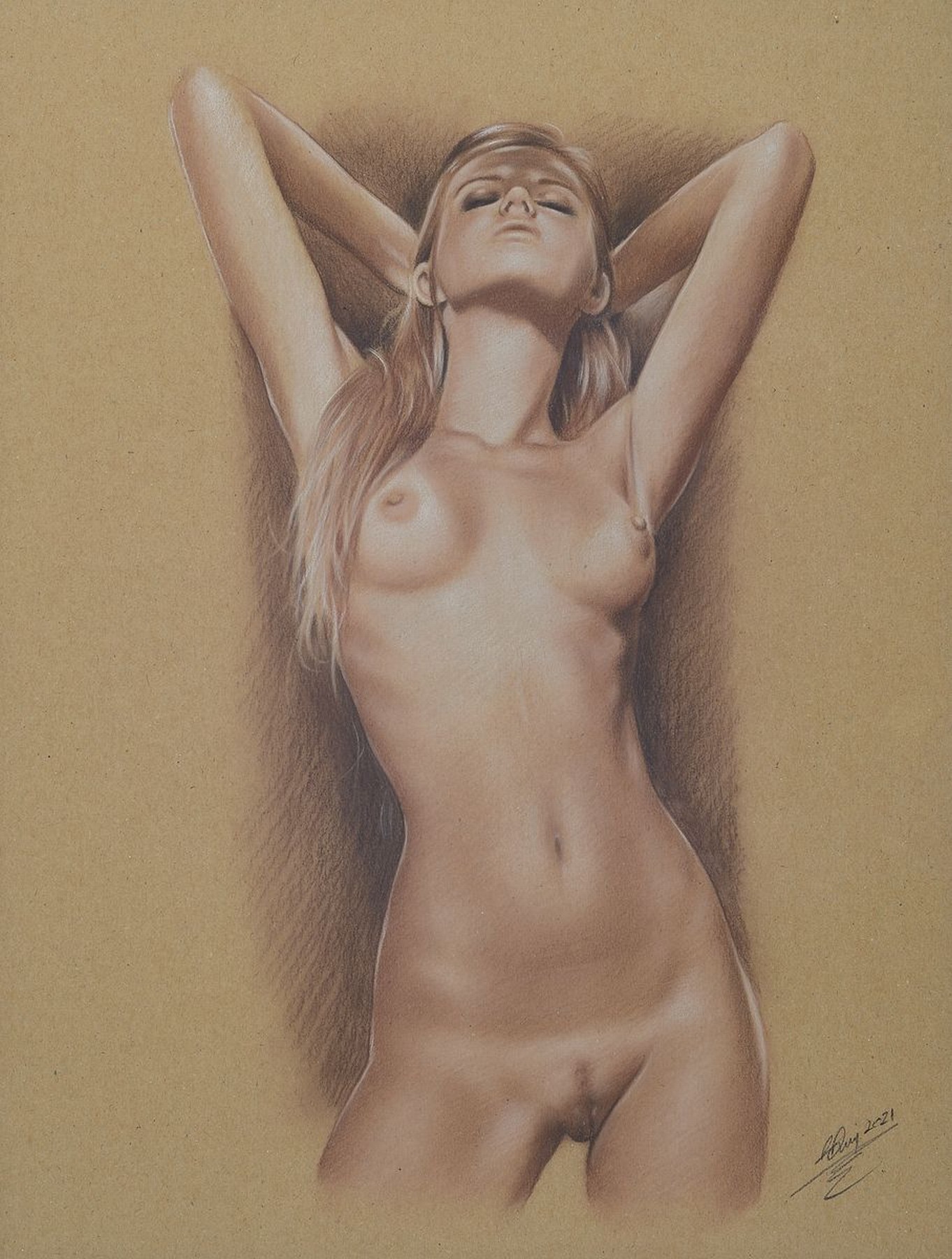 Denis Prenzel, geb. 1971, Pastellzeichnung auf dickem Papier, handsigniert, datiert 2021, "Pia", ca. 30 x 40 cm, der Künstler wurde in ...