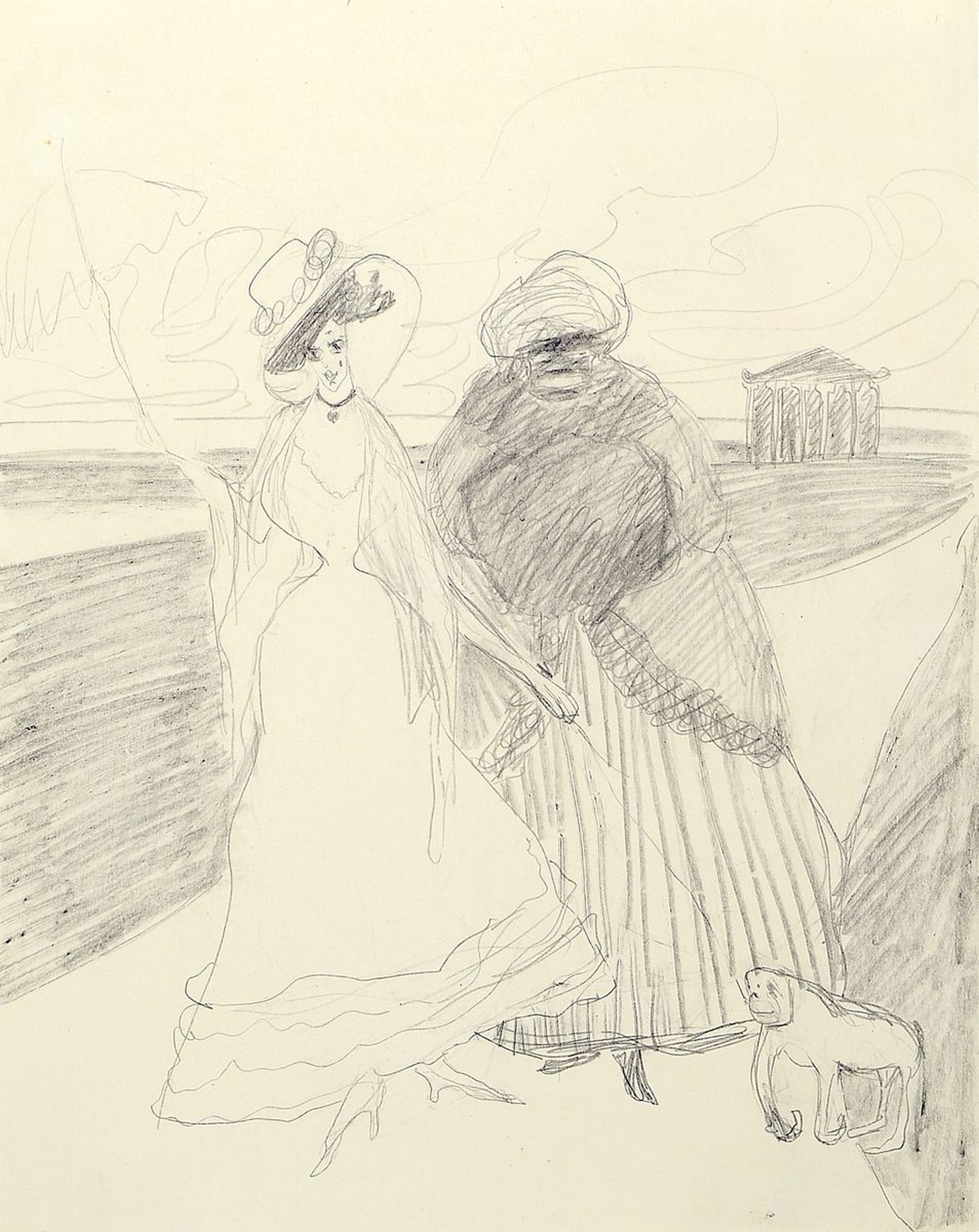 Lyonel Feininger, 1871 - 1956,, zwei Bleistiftzeichnungen auf Papier um 1907, Dame mit Dienerin und kleinem Affen an der Promenade unsigniert, 32 x ...