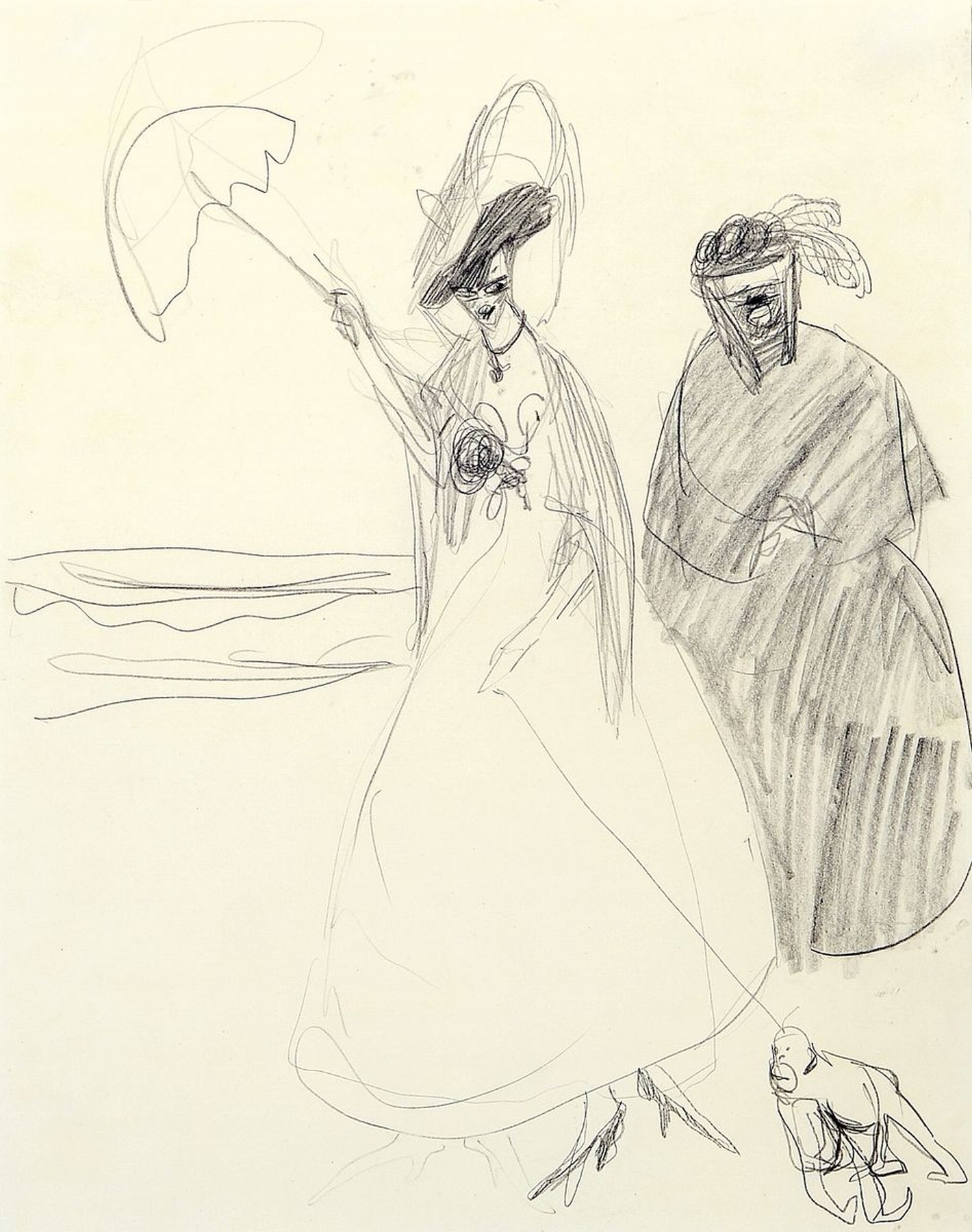 Detail a: Lyonel Feininger, 1871 - 1956,, zwei Bleistiftzeichnungen auf Papier um 1907, Dame mit Dienerin und kleinem Affen an der Promenade unsigniert, 32 x ...