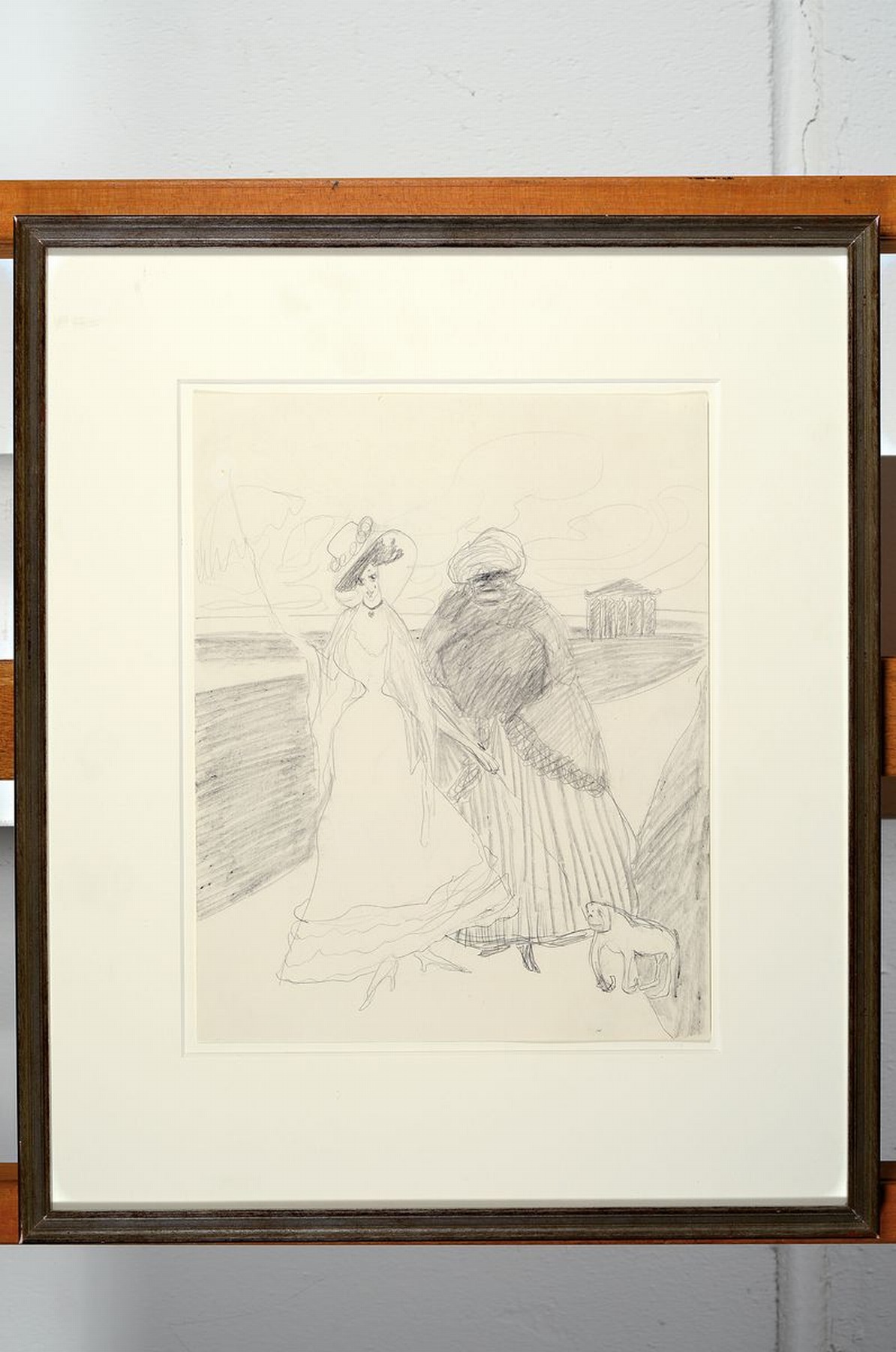 Detail k: Lyonel Feininger, 1871 - 1956,, zwei Bleistiftzeichnungen auf Papier um 1907, Dame mit Dienerin und kleinem Affen an der Promenade unsigniert, 32 x ...