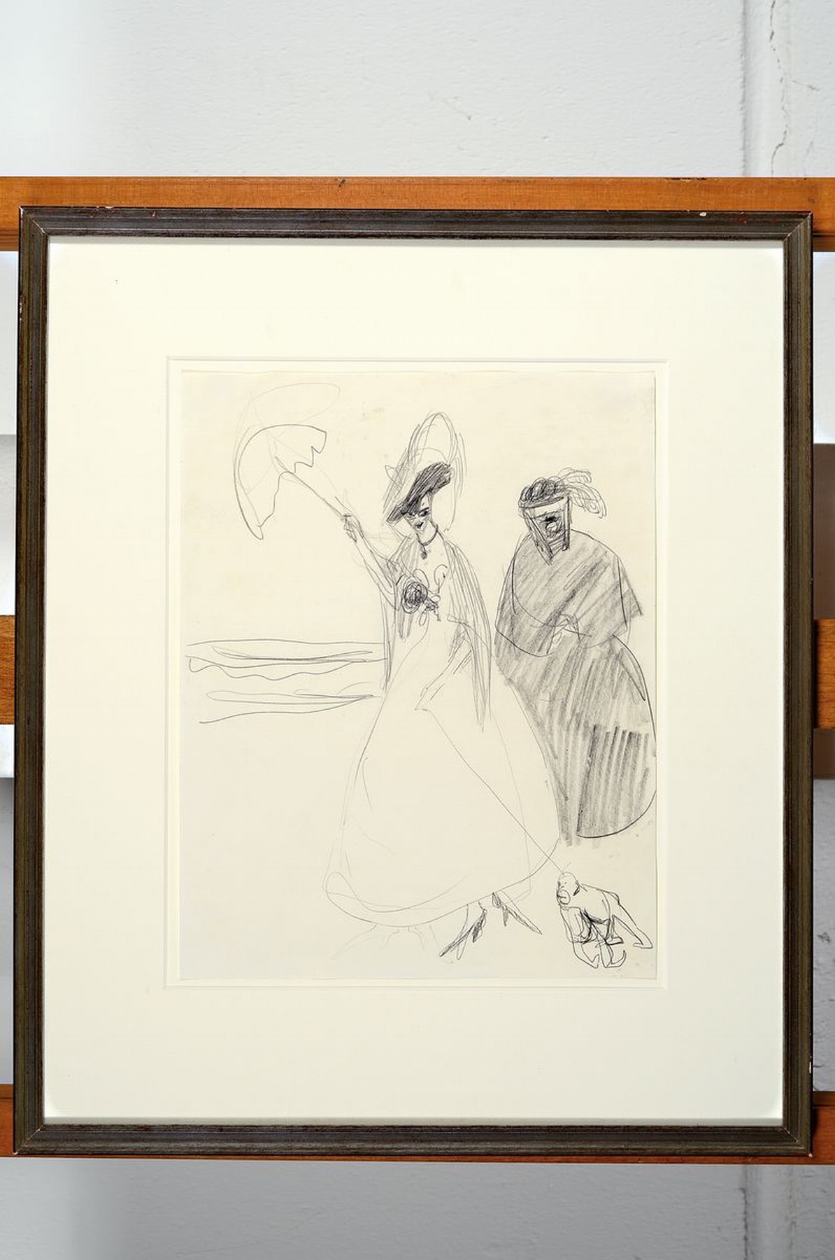 Detail l: Lyonel Feininger, 1871 - 1956,, zwei Bleistiftzeichnungen auf Papier um 1907, Dame mit Dienerin und kleinem Affen an der Promenade unsigniert, 32 x ...